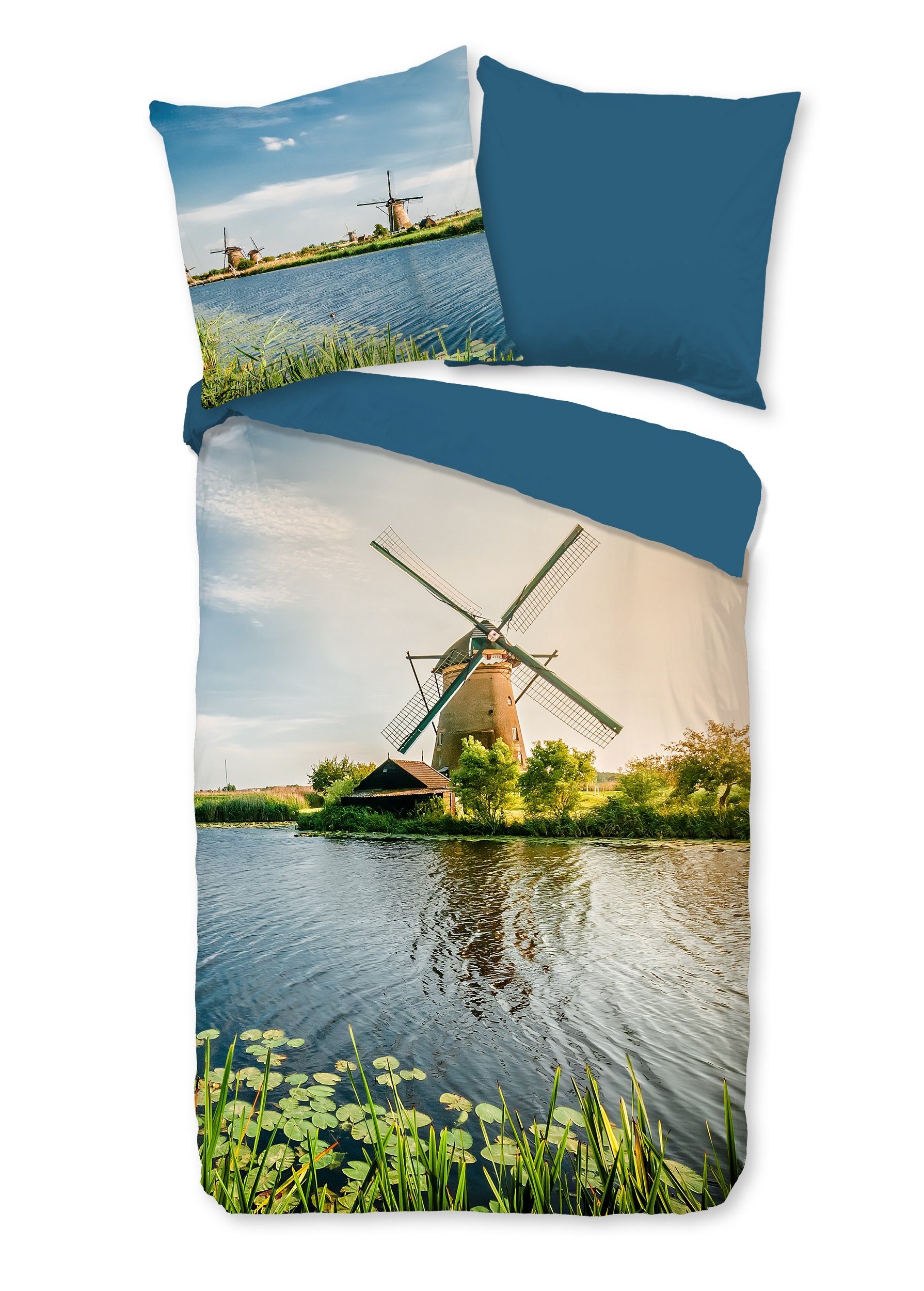 Bettwäsche Baumwolle, Traumschloss, Renforcé, 2 teilig, Windmühle, Wasser, Fluss, blau