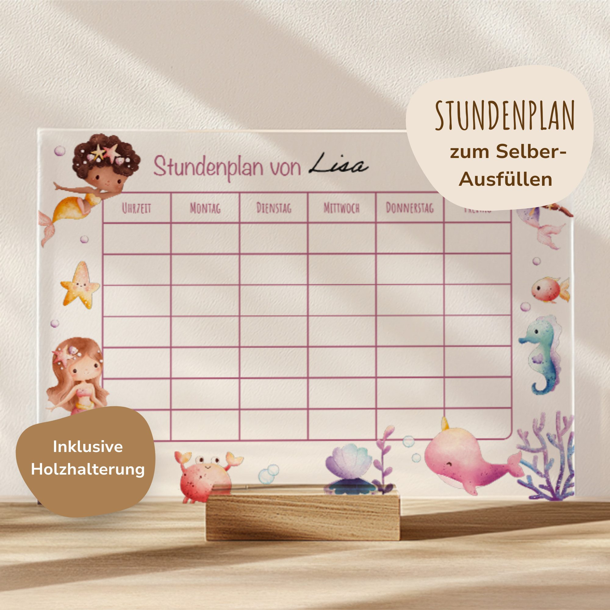 MeinBaby123® Schreibtischkalender Einschulung, Stundenplan Acrylglas transparent, Stundenplan abwischbar, Schulanfang Geschenk, inkl. Holzhalterung
