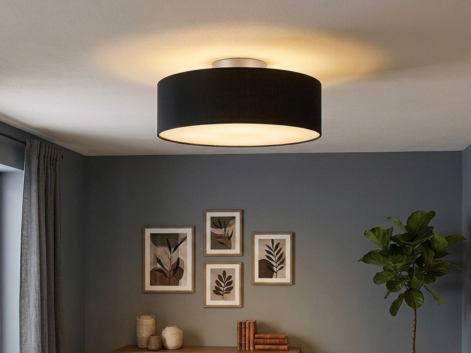meineWunschleuchte Deckenleuchte mit Stoff Lampenschirm Schwarz Ø 40cm, ohne Leuchtmittel, Stoff-Lampe, gemütliche Deckenlampe, E14 Schlafzimmerlampe rund – Bild 2 von 5