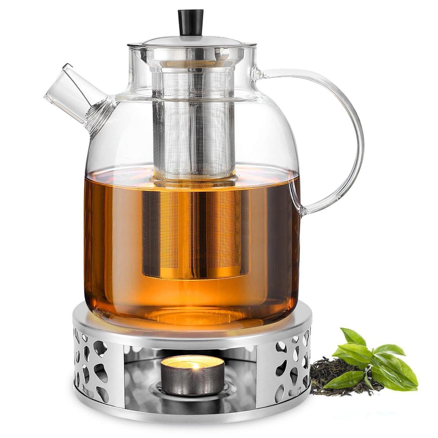 LuxusKollektion Teestövchen Teekanne Glas 1.8L mit Sieb und Stövchen