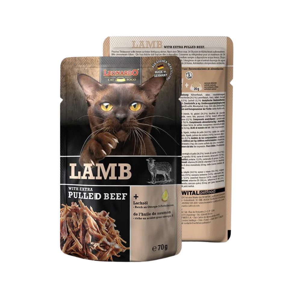 Leonardo Catfood Lamb with extra Pulled Beef - Lammpaté mit gezupftem Rindfleisch 16x70g, Nassfutter für: Katzen