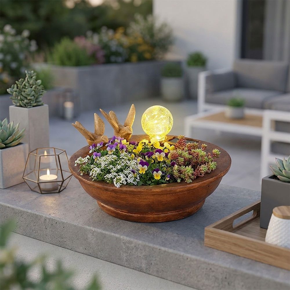 GLOBO LIGHTING LED Solarleuchte, LED-Leuchtmittel fest verbaut, Kaltweiß, LED Solarleuchte Glas braun Blumentopf Akku Pflanzschale L 26 cm