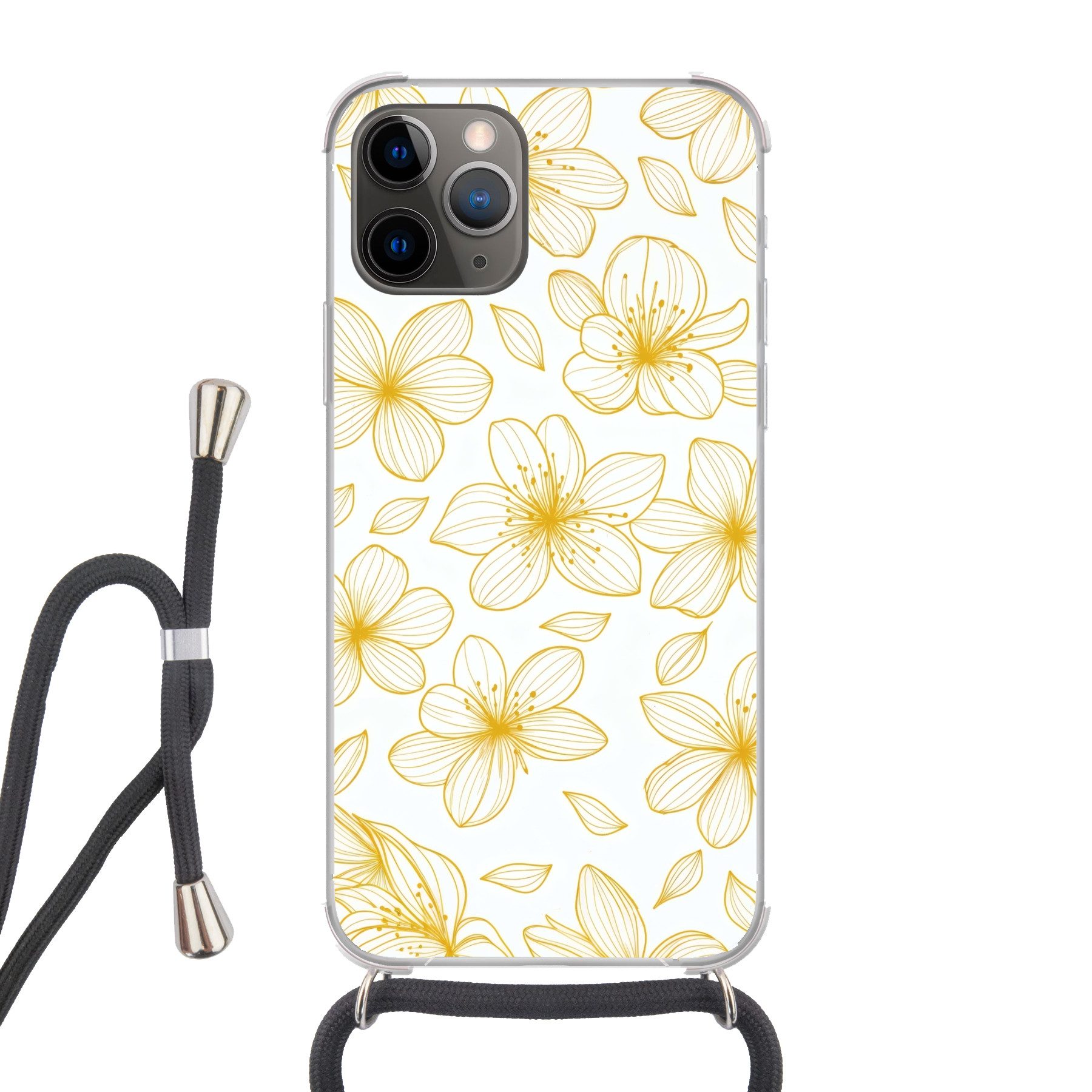 MuchoWow Handyhülle für Apple iPhone 13 Pro Max Blumen - Muster - Illustration - Gelb, Tragbare Handyhüllen mit Kette zum umhängen, Handykette Handyband
