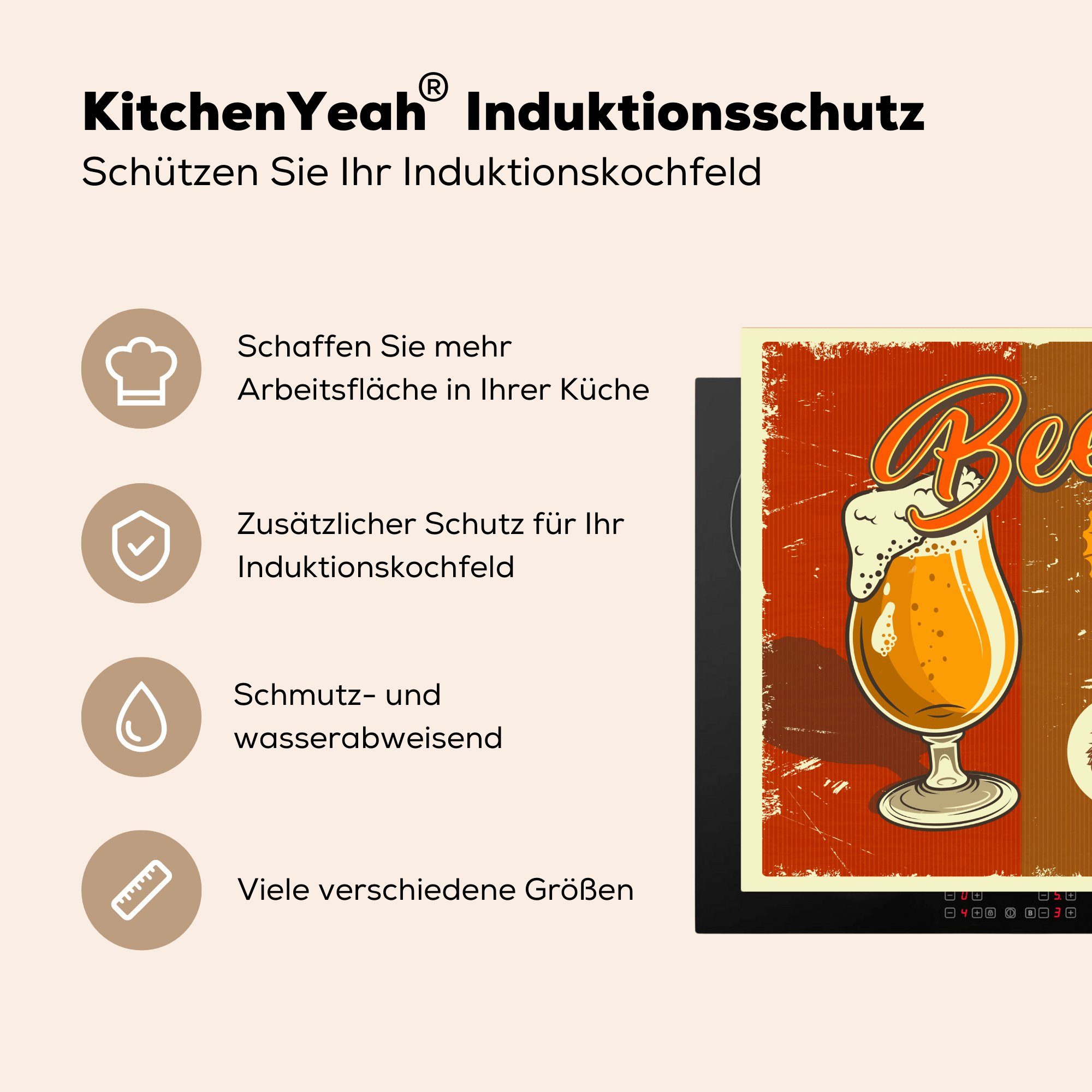 Arbeitsplatte - für Vintage, Ceranfeldabdeckung, Vinyl, - Herdblende-/Abdeckplatte MuchoWow küche - Mannshöhle cm, Rot (1 78x78 tlg), Bier