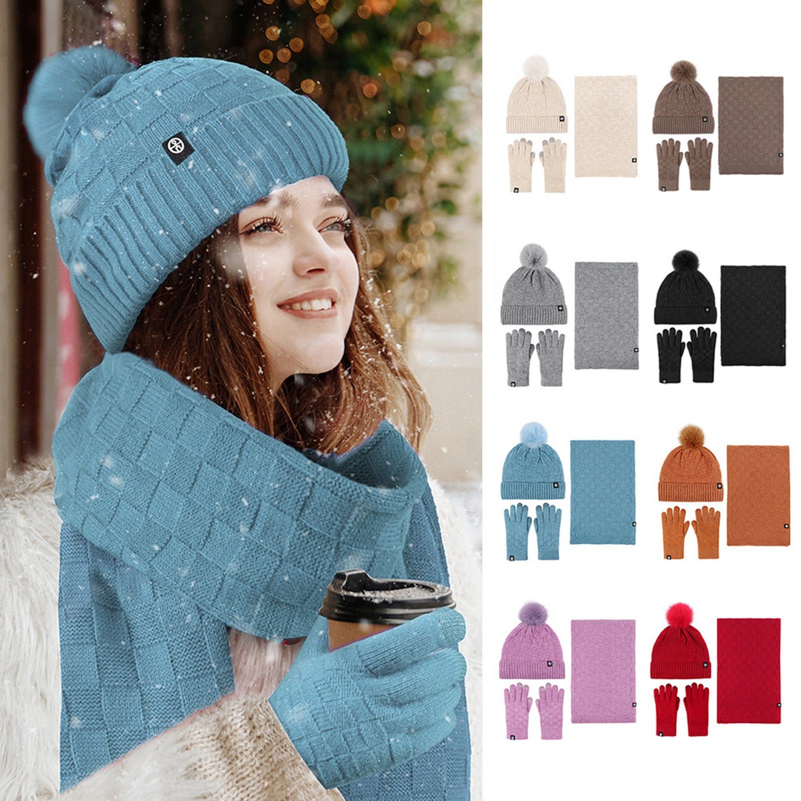 Mütze (Kältefest Schal Drei Schal Neue Handschuhe Handschuh Halten Haarball 2023 Set) Touchscreen Strickmütze Kaschmir Blau Warm und Teile Lang Strickmütze Rutaqian Warm Damen Schal Karierte Winter Set, Textur