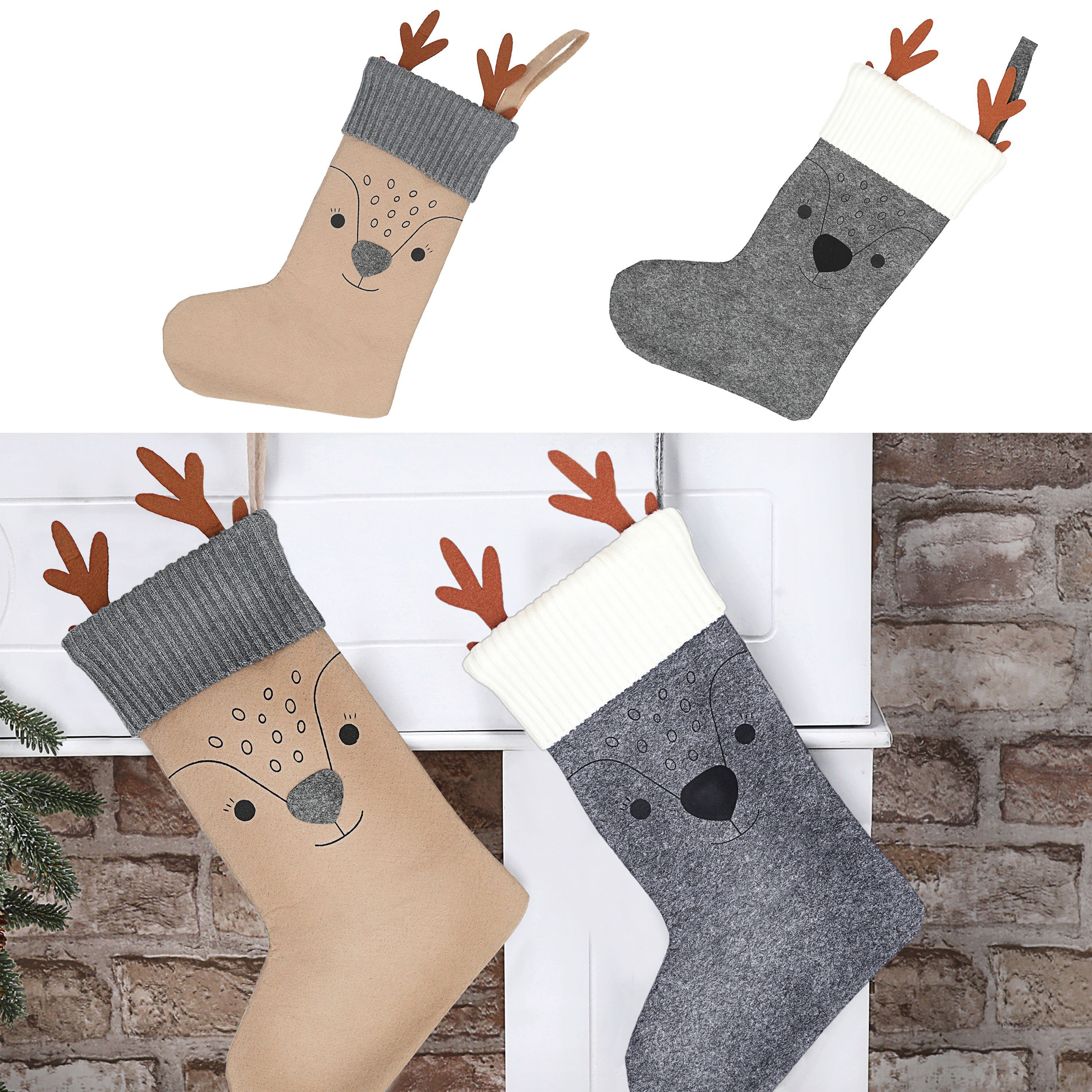 CEPEWA Nikolausstiefel grau 2er Rentier Weihnachtssocke 20x40x2cm Set beige Socke Filz