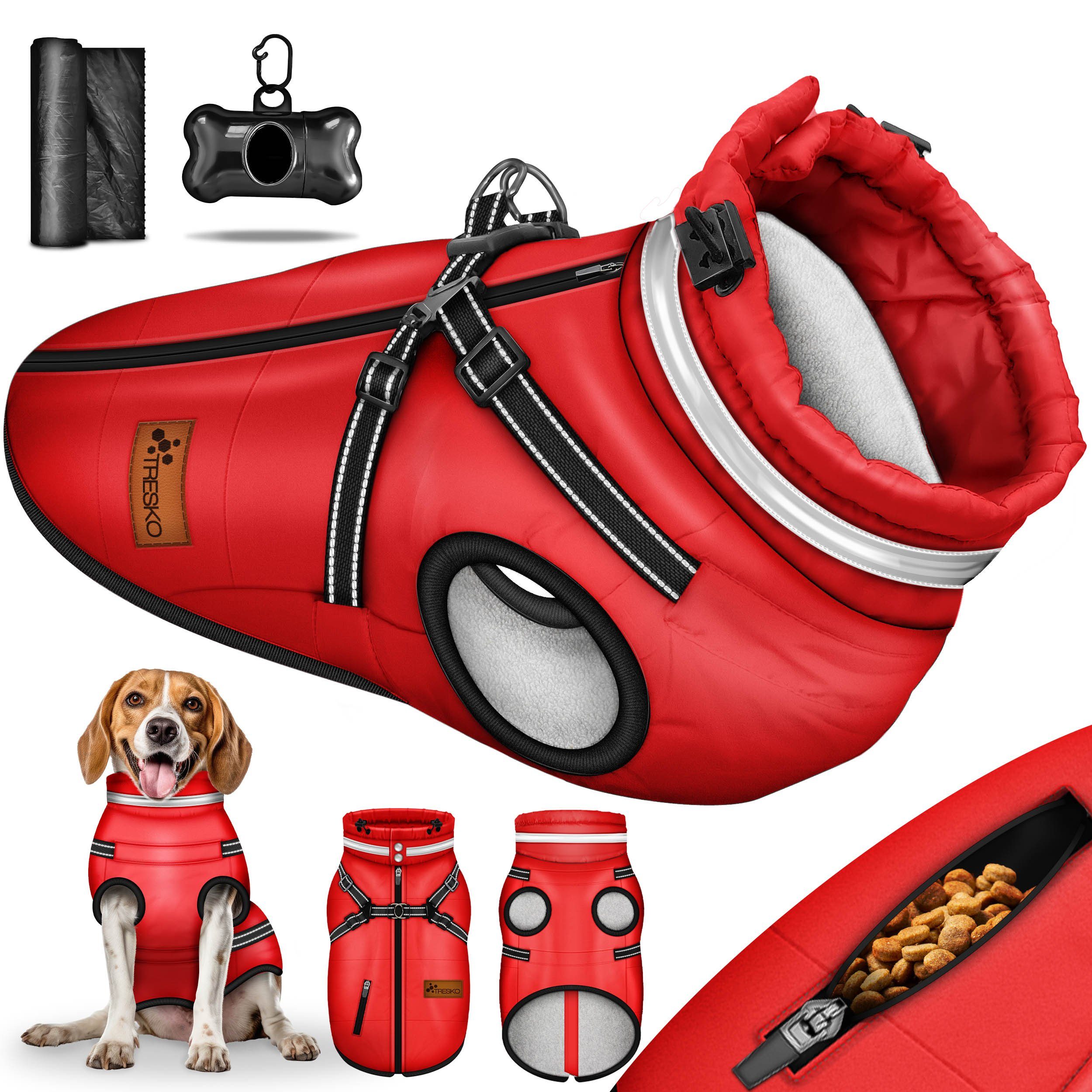 TRESKO Hundejacke Winter mit Reflektoren inkl. 15 Stück Kotbeutel, + Spender Hunderegenmantel wasserdicht Hundemantel mit Geschirr Weste von TRESKO