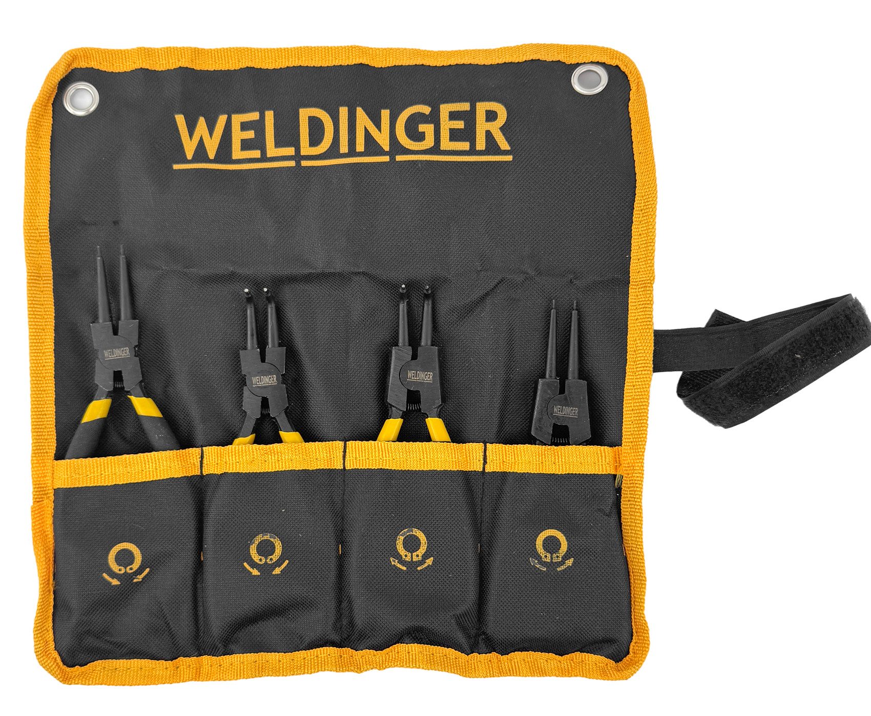WELDINGER Sicherungsringzange Sicherungsringzangen 4er-Satz 7"/ innen, außen, gerade und abgewinkelt, Rolltasche mit Hängeösen