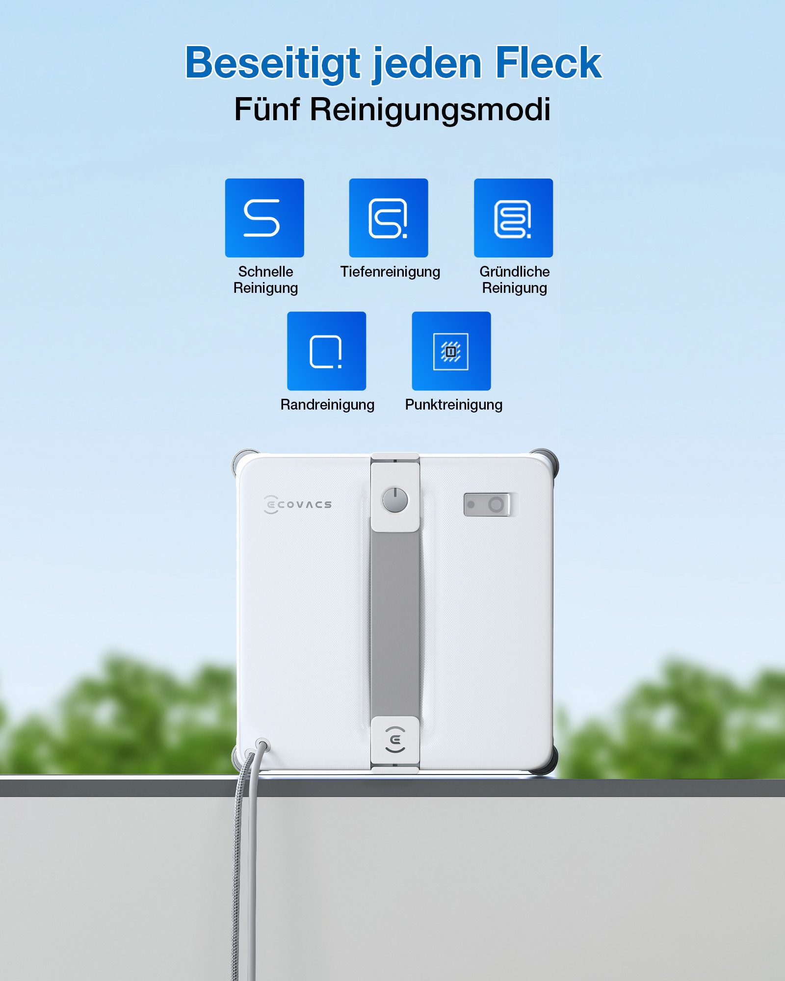ECOVACS Fensterputzroboter WINBOT Mini 2, inkl. Reinungslösung 230ml, (Appsteuerung) 50ml Wassertank, Bürsten an allen Ecken, 3,5m Kabel