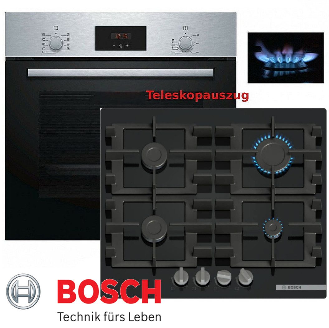 BOSCH Gasherd-Set Bosch Autark Elektro Backofen mit Teleskop + GAS Glas Kochfeld Neu, mit 1-fach-Teleskopauszug