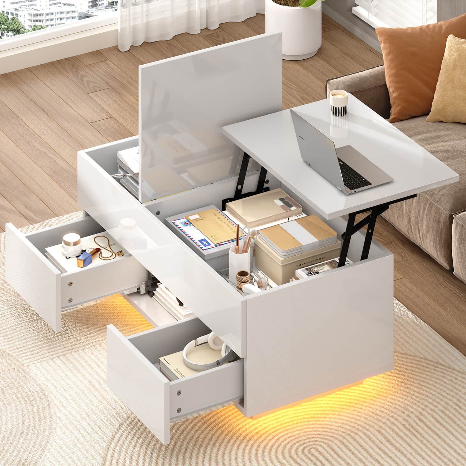 ANYSUN Couchtisch höhenverstellbar mit Stauraum, 2 Schubladen & LED-Beleuchtung, Moderner Hochglanz Wohnzimmertisch mit Lift-Top Design für Wohnzimmer