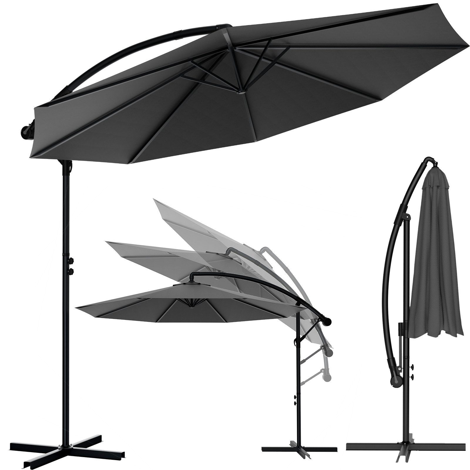 Huracan Sonnenschirm LED Solar Ø 250/300/350cm Ampelschirm mit Kurbel, Ständer, Gartenschirm Balkonschirm UV-Schutz Aluminium wasserdicht 360°neigbar