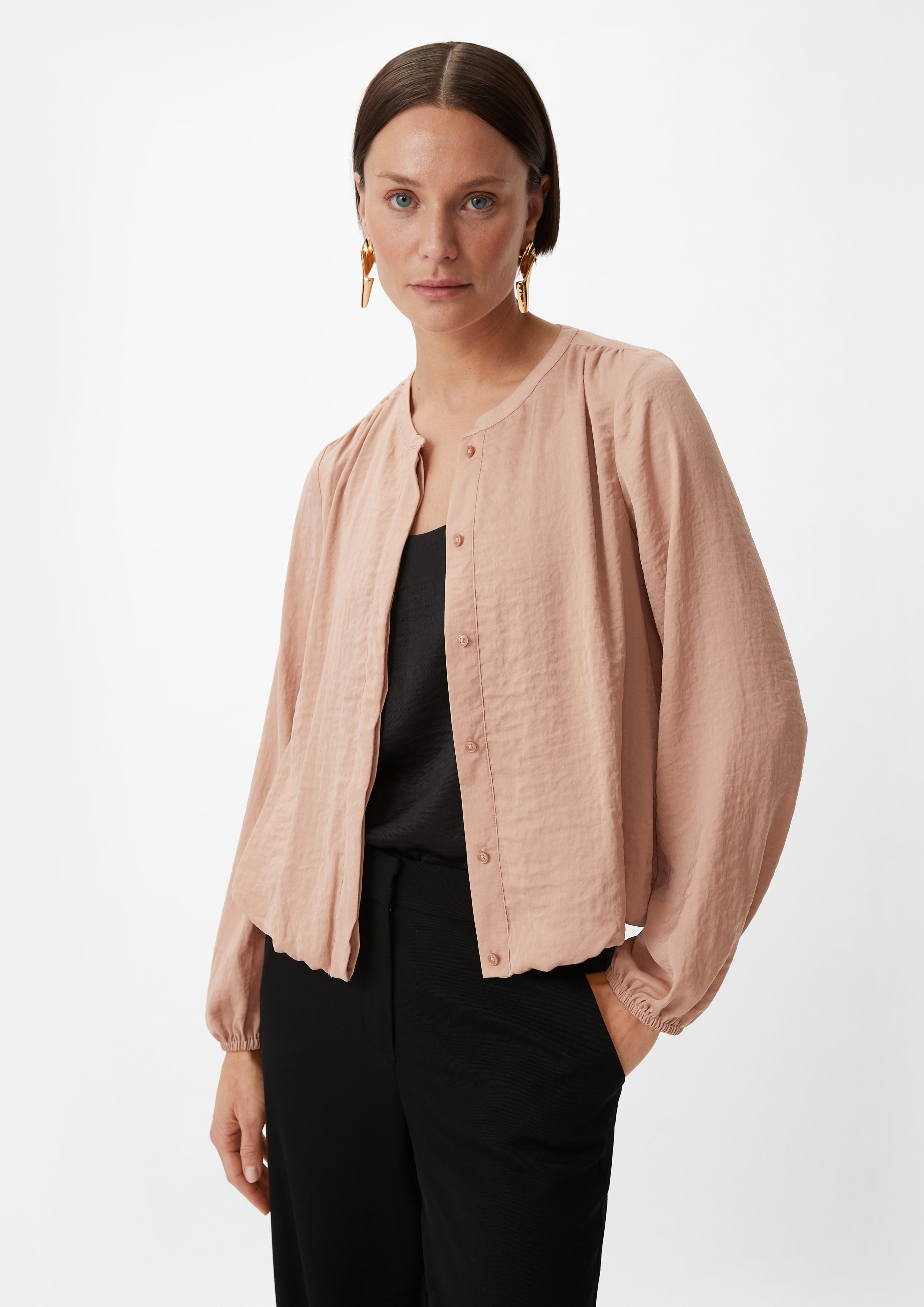 Langarmbluse Satinbluse mit gerafftem Bund