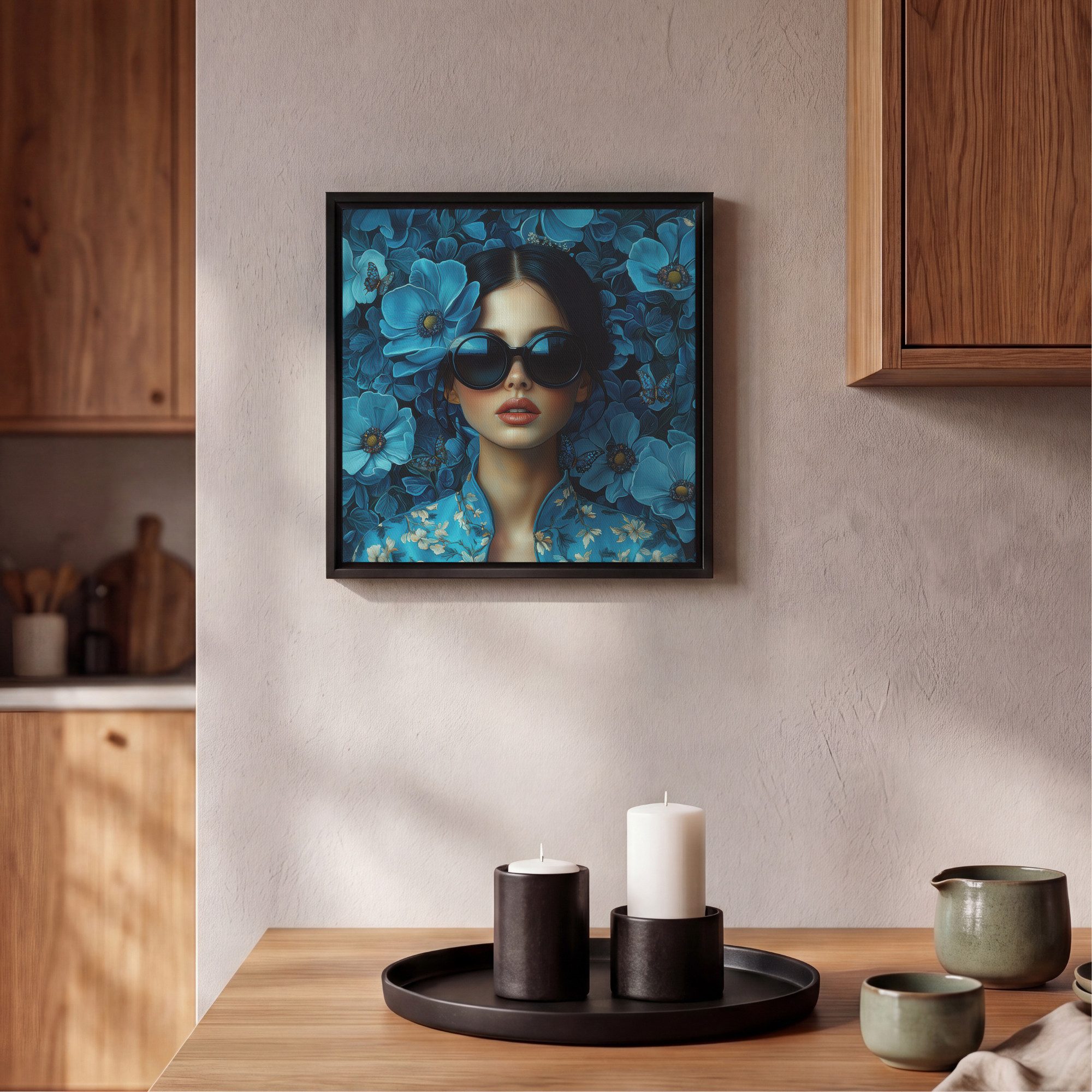 OneMillionCanvasses® Leinwandbild mit Rahmen - Frau - Blumen - Blau - Ästhetik - Luxus, Fotodruck (1 St), Leinwand Bilder Klein, Wand Dekoration Aesthetic 20x20cm