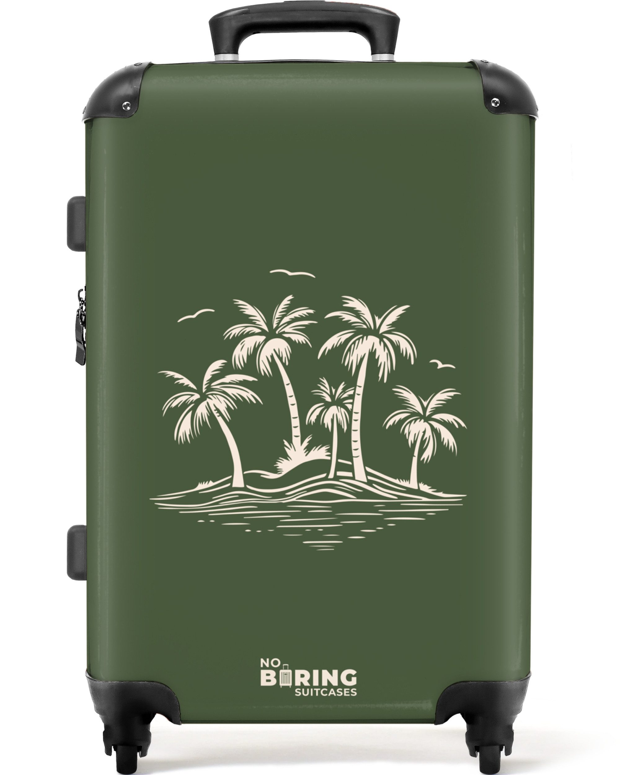 NoBoringSuitcases.com© Hartschalen-Trolley Grün mit beigen Palmen günstig online kaufen