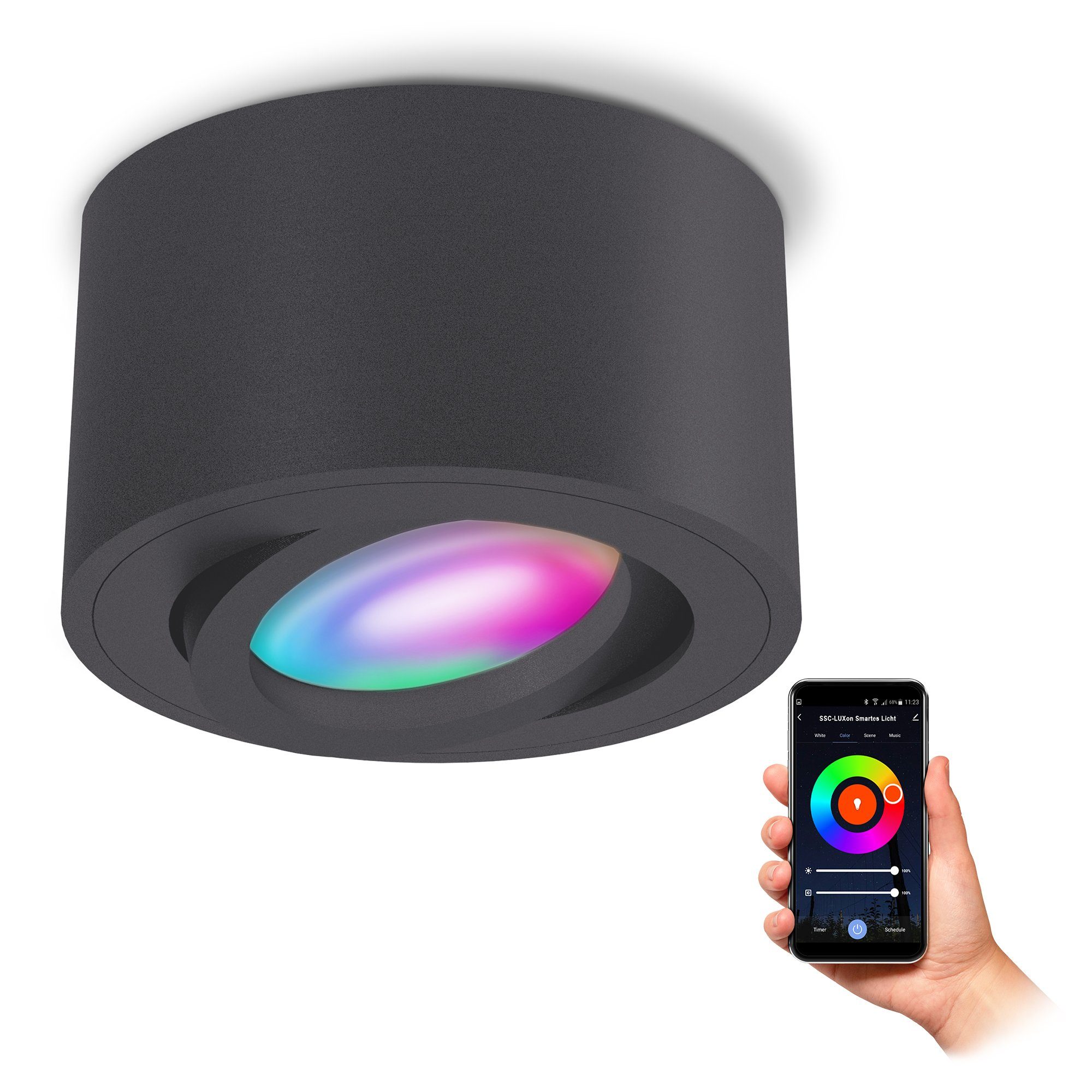 Wifi RGB LED, Aufbauspot SSC-LUXon mit Aufbauleuchte flach anthrazit RGB schwenkbar CELI-1N Smart