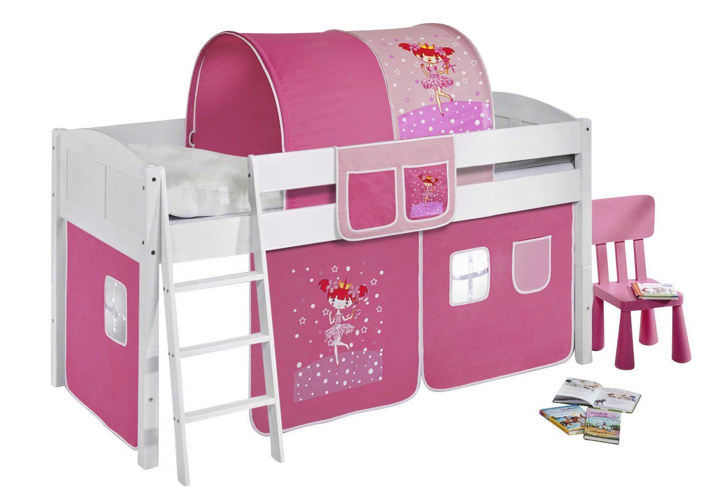 Lilokids Hochbett Spielbett IDA 4106 - Teilbares Systemhochbett - weiß - mit Vorhang umbaubar in Jugendbett, Hochbett oder L-Etagenbett