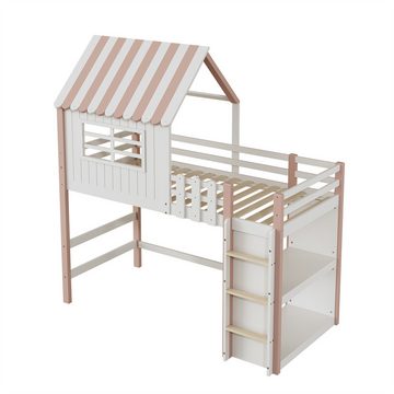 XDeer Jugendbett Kinderbett 90x200cm hoch und niedrig Bett für Jungenund Mädchen, Heimbett Dachform mit Sicherheitsleiter mit Ablagefach