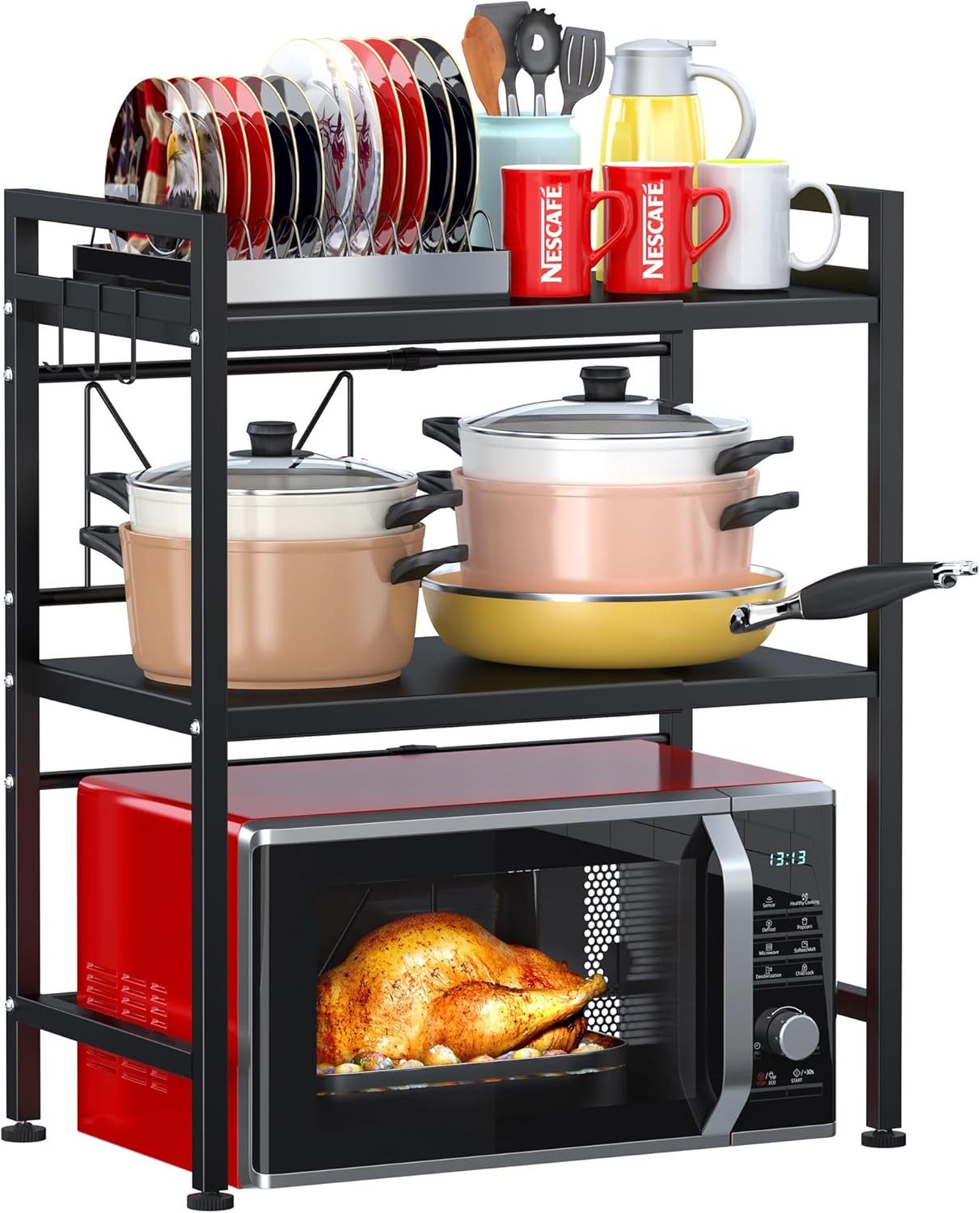 Refined Living Standregal 3-Stufiges Mikrowellenregal Ausziehbar 40-64 cm,Küchenregal, 6 Haken, Küchenregal aus Metall,Höhenverstellbares Mikrowellen Regal für Arbeitsplatte – Küchen Organizer Gewürzregal Bäckerregal Aufbewahrungsregal, Arbeitsplattenrega