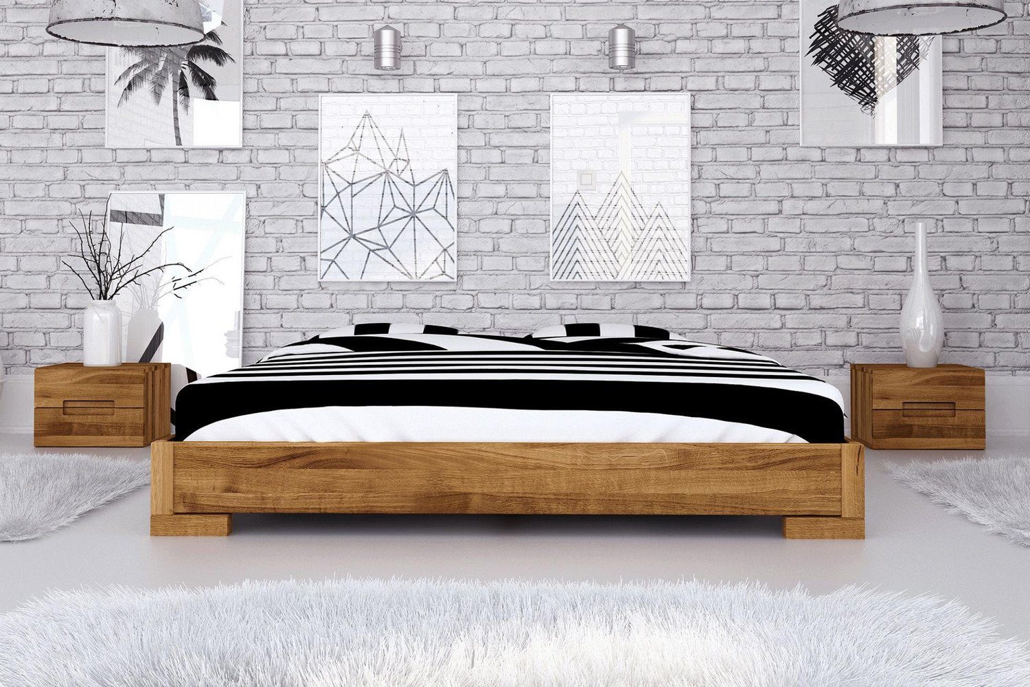 Natur24 Einzelbett Bett Bento 2 Wildeiche massiv 140x200cm ohne Kopfteil  mit Holzbeinen