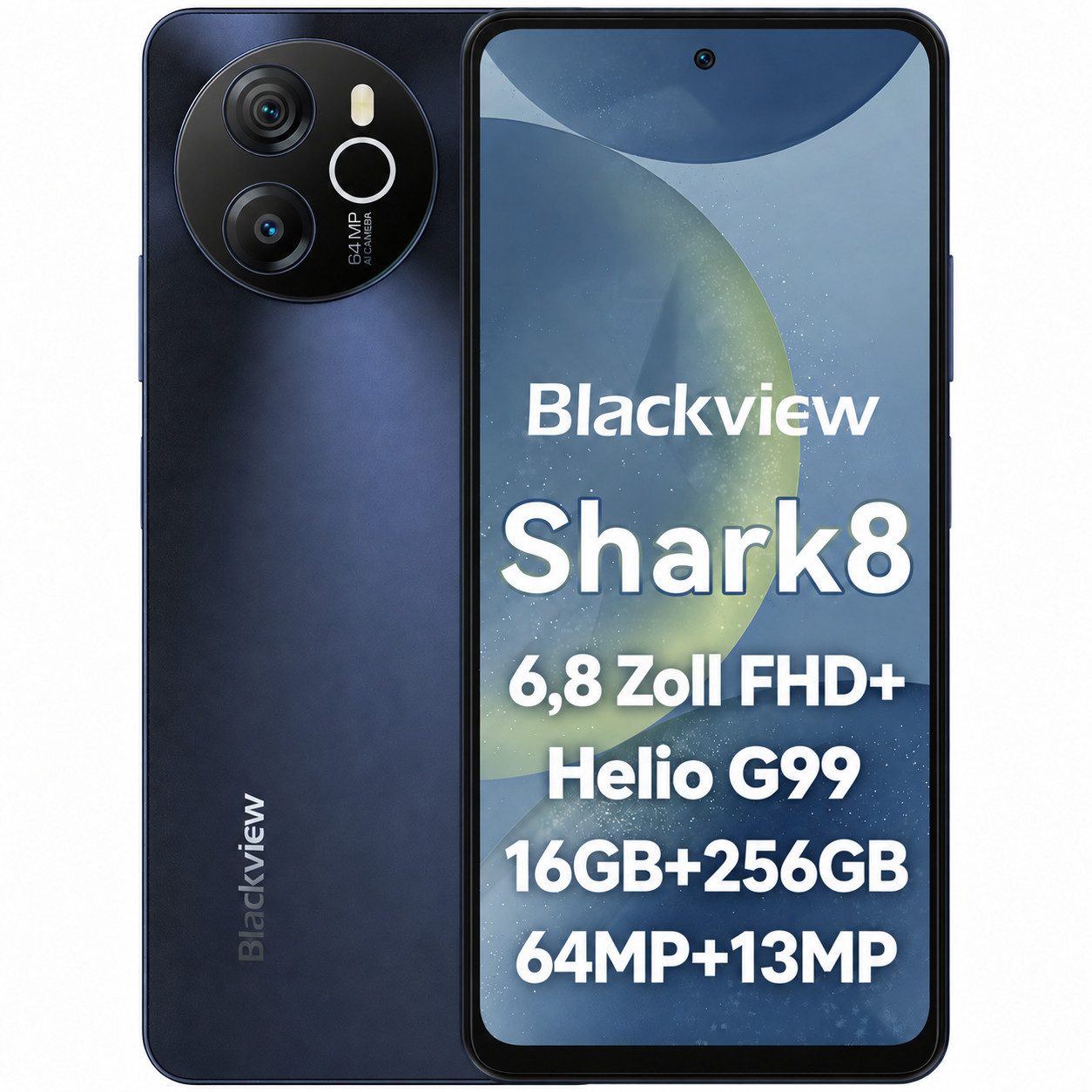 blackview Shark8 64MP,5000mAh,33W,AI Smartphone (6,8 Zoll, 64 MP Kamera, 2.4K Display, 64+13 MP, Helio G99, Dual 4G, NFC/Face ID, 120Hz, …