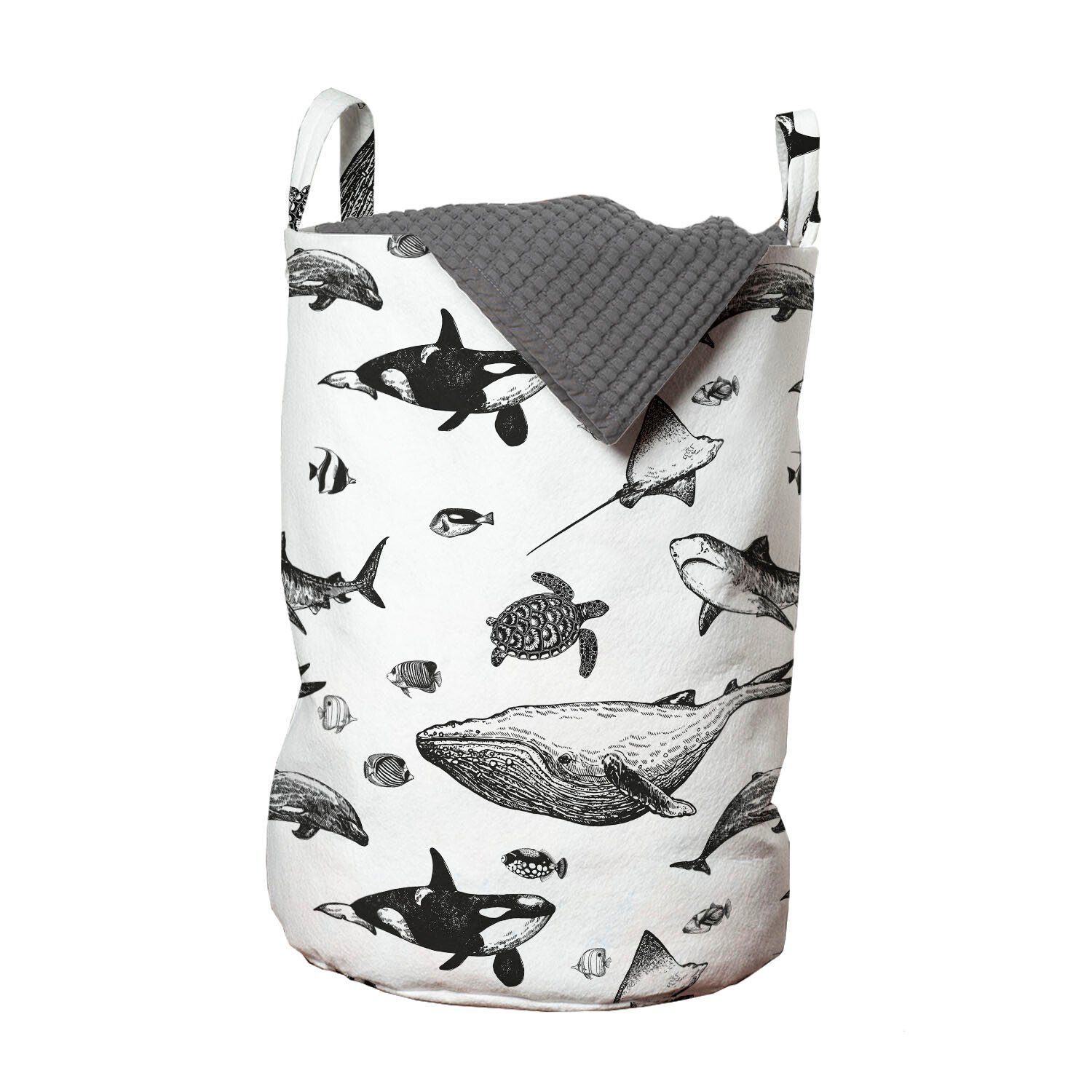 Abakuhaus Wäschesäckchen Wäschekorb mit Griffen Kordelzugverschluss für Waschsalons, Nautisch Monochrome Stil Tiere