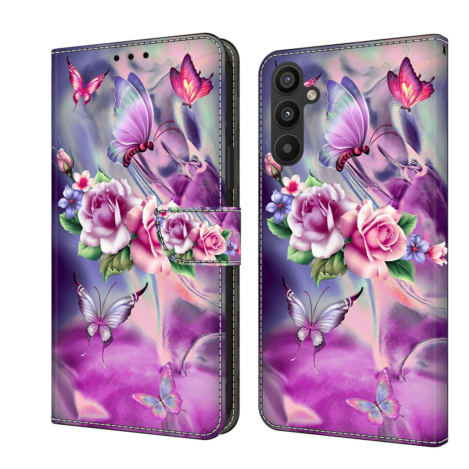CLM-Tech Handytasche für Samsung Galaxy A16 / A17 5G Hülle aus Kunstleder Klapphülle (lila Blumen Schmetterlinge, Handyhülle mit Standfunktion - Wallet Flip Case inklusive Kartenfächer), Cover mit Magnetverschluss - Samsung Galaxy A16 5G Schutzhülle