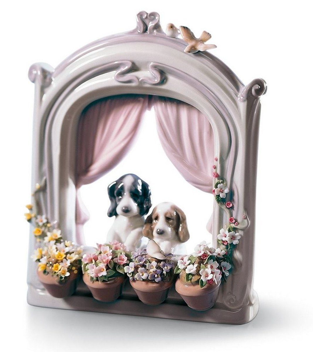 Casa Padrino Dekofigur Casa Padrino Luxus Porzellan Skulptur Wartende Haustiere / Hunde Mehrfarbig 18 x H. 21 cm - Luxus Wohnzimmmer Deko