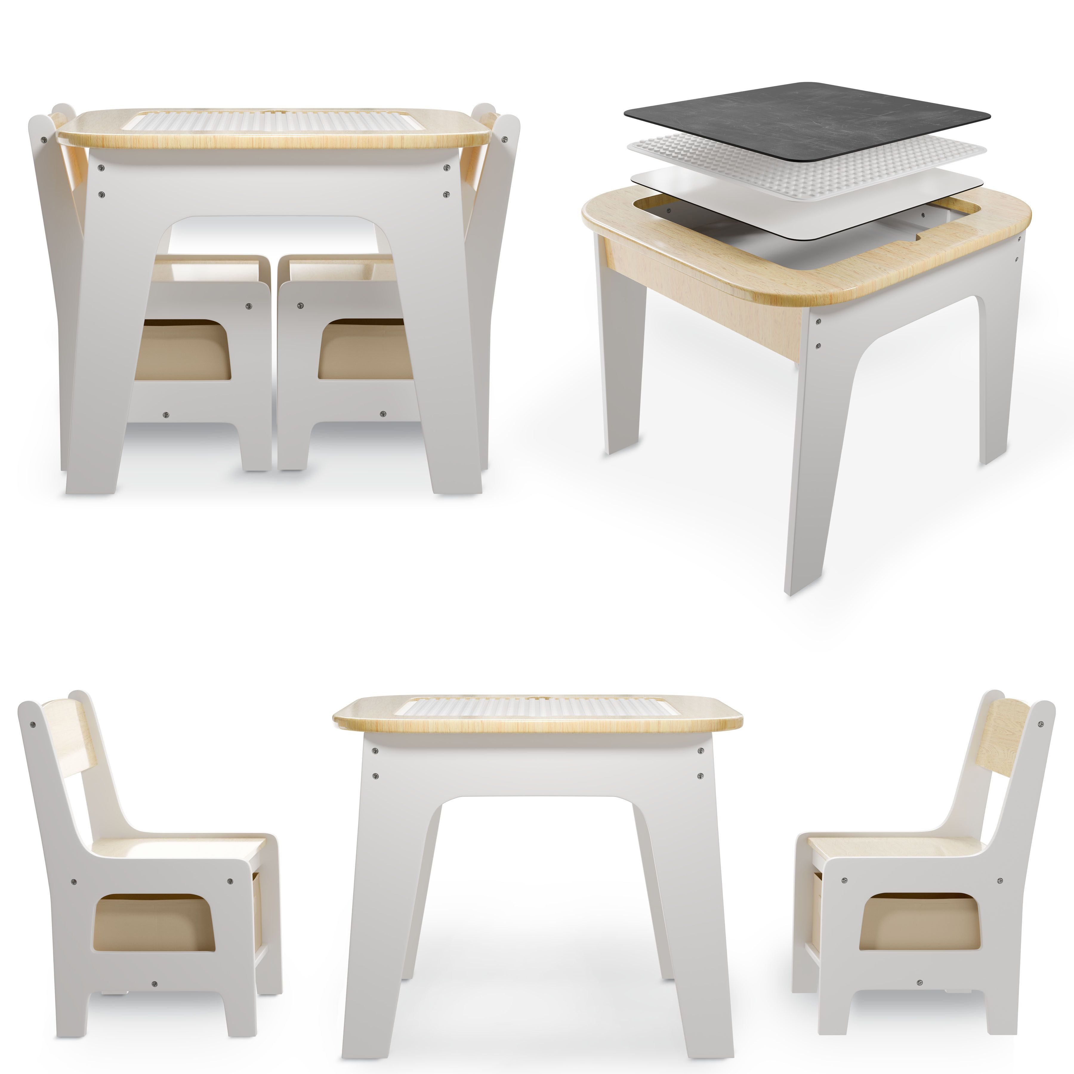 Juskys Kindersitzgruppe Milou, Set mit 2 Стульяn & 1 Tisch, Holz Spieltisch, Stauraum & Wendeplatten