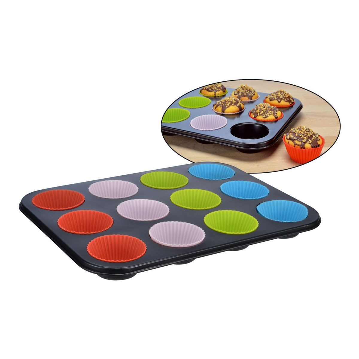 Haushalt International Backform Backform für 12 Muffins mit Silikonförmchen ca. 35,2 x 26,7 x 3,5 cm, antihaftbeschichtet
