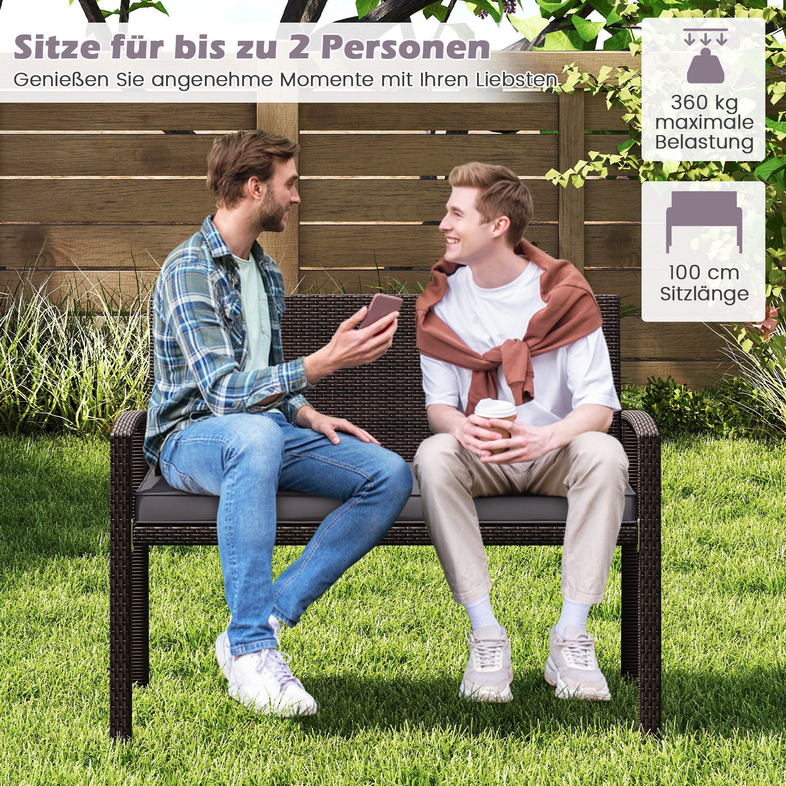 COSTWAY Gartenbank, Rattan 2-Sitzer, Rattanbank mit günstig online kaufen