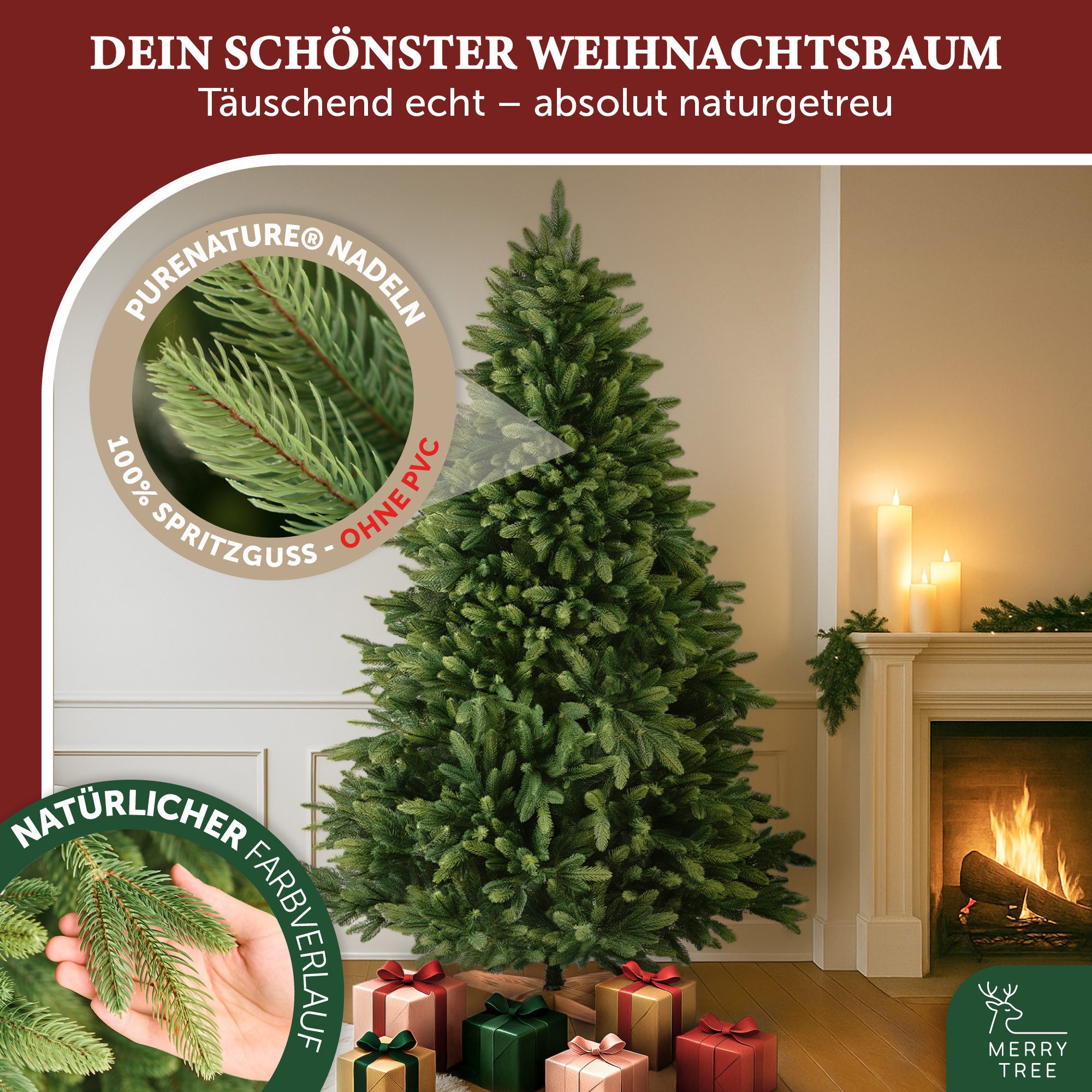 MERRY TREE Künstlicher Weihnachtsbaum Luxus Kunst-Tannenbaum, 100 % PE-Nadeln, Holzfuß, Nordmantanne, mit/ohne LED-Beleuchtung, Tannenbaum Spritzguss