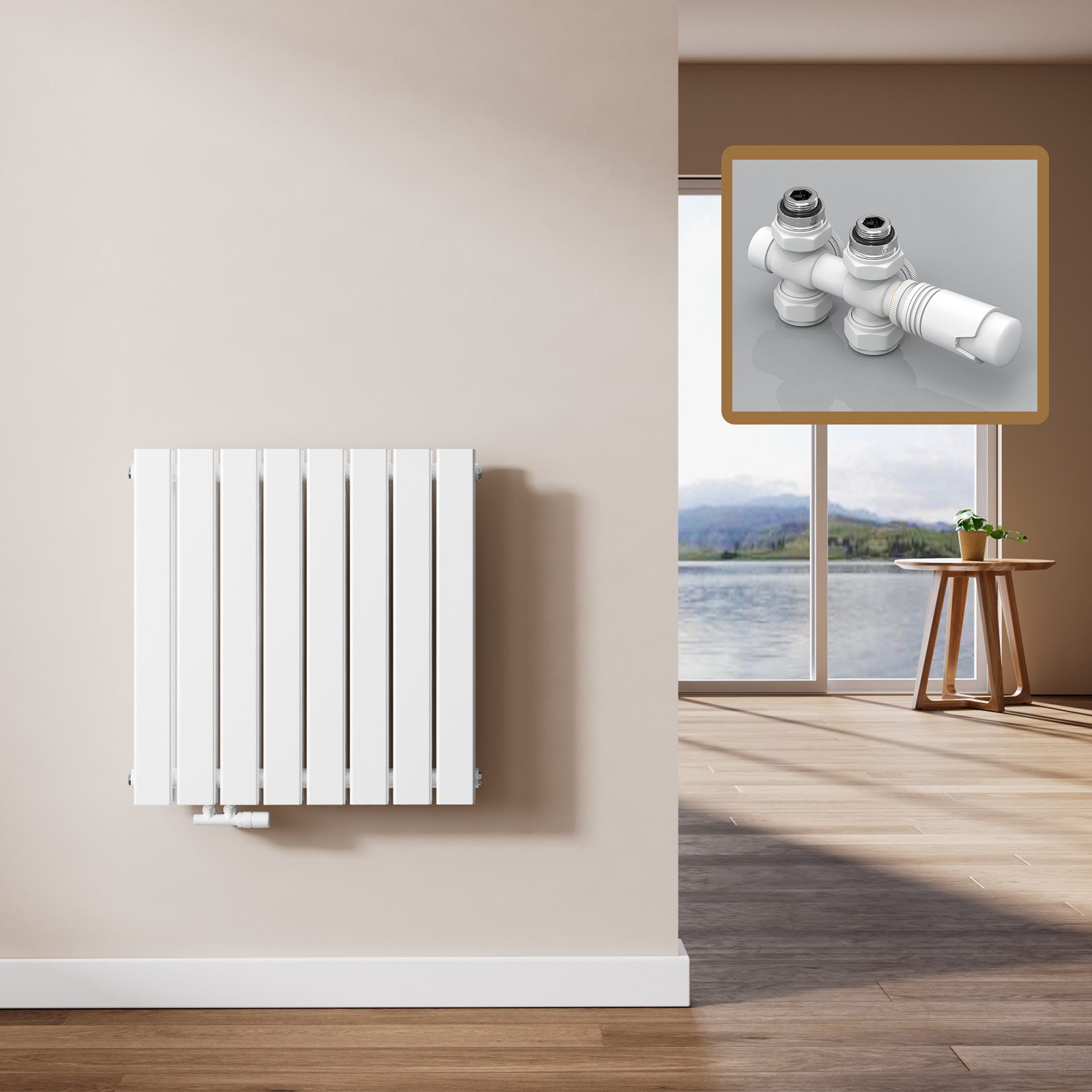 EMKE Heizkörper Doppellagig Flach Horizontal Design Paneelheizkörper 826~1343W, Seitenanschluss Weiß 826W für 7qm Raum