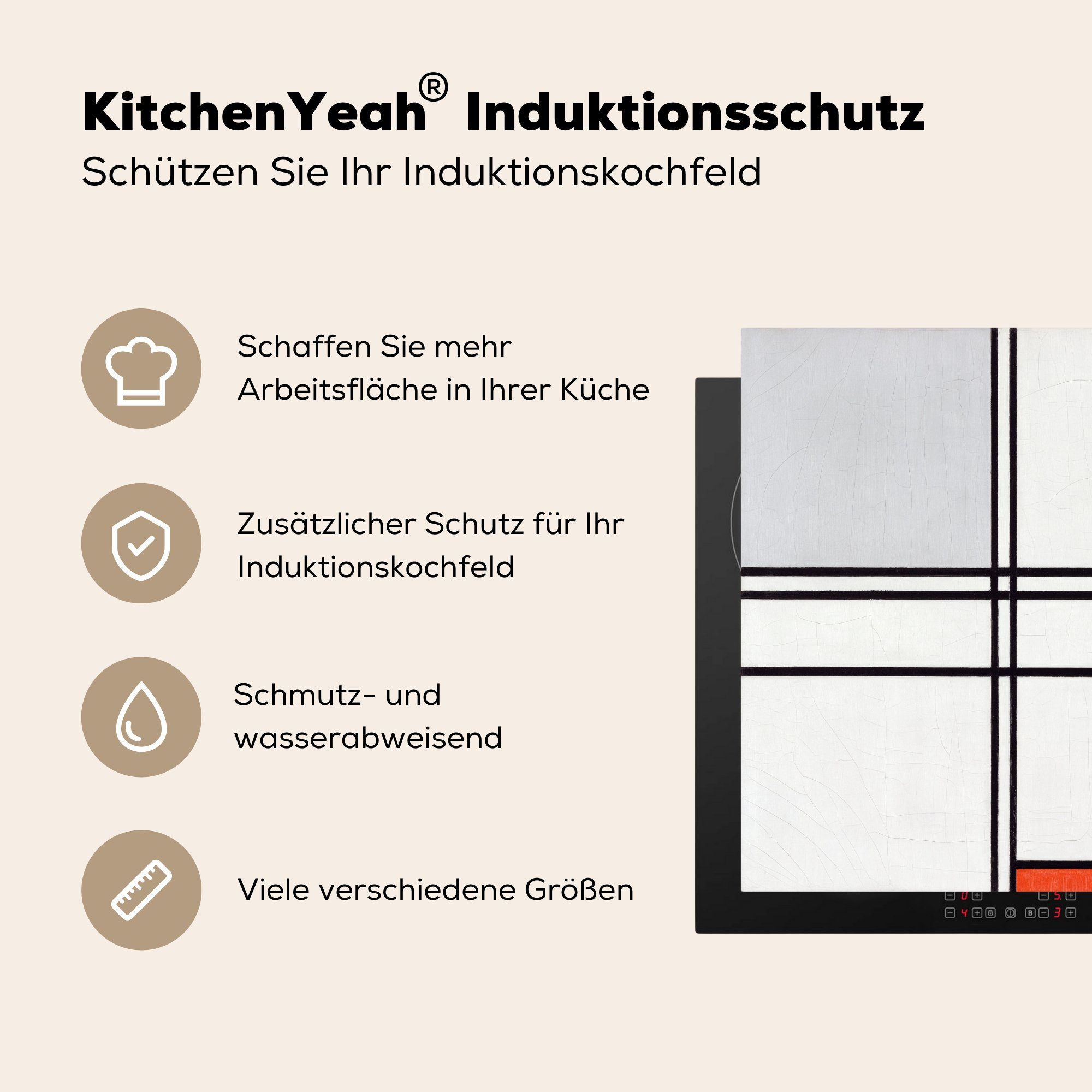 Piet Herdblende-/Abdeckplatte Mondrian, MuchoWow Arbeitsplatte tlg), Vinyl, und 1 (1 für 78x78 Ceranfeldabdeckung, Rot cm, Grau küche Komposition - mit