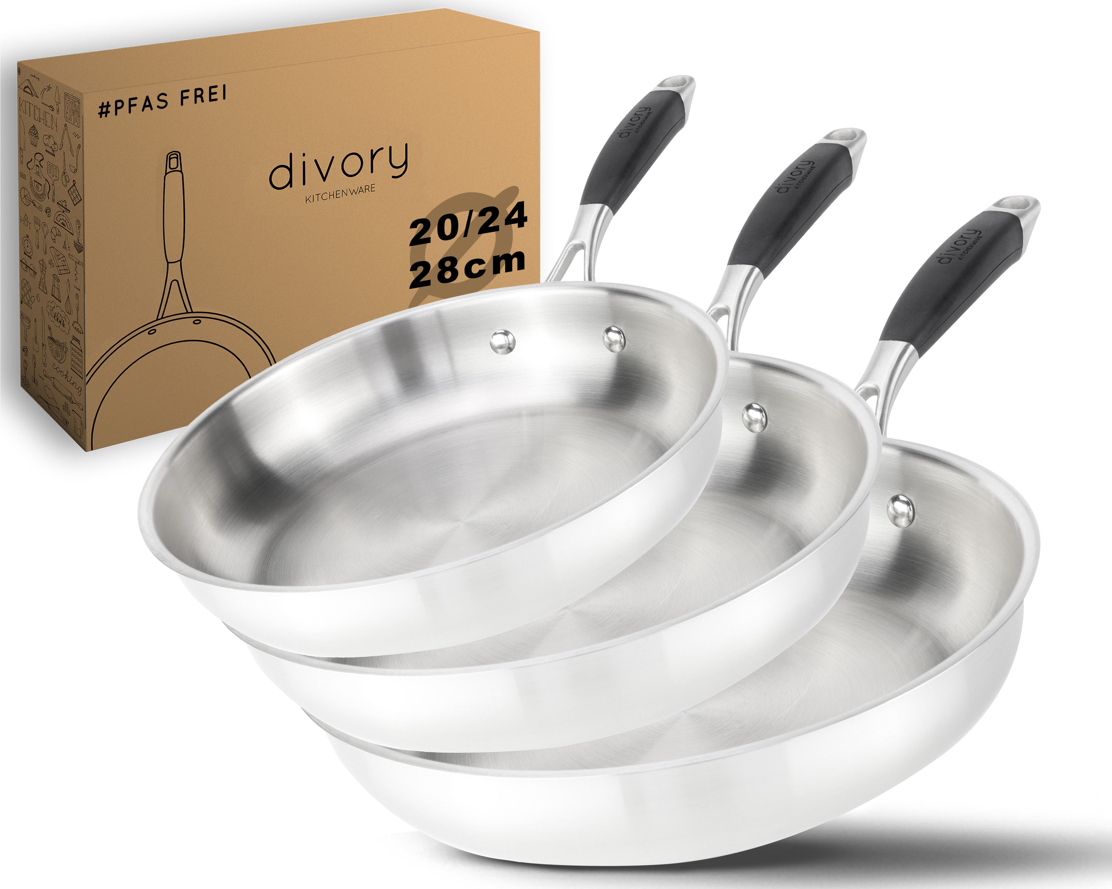 divory Pfannen-Set 3er Set, Edelstahlpfannen unbeschichtet, Induktion (Set: 20, 24, 28cm), Edelstahl