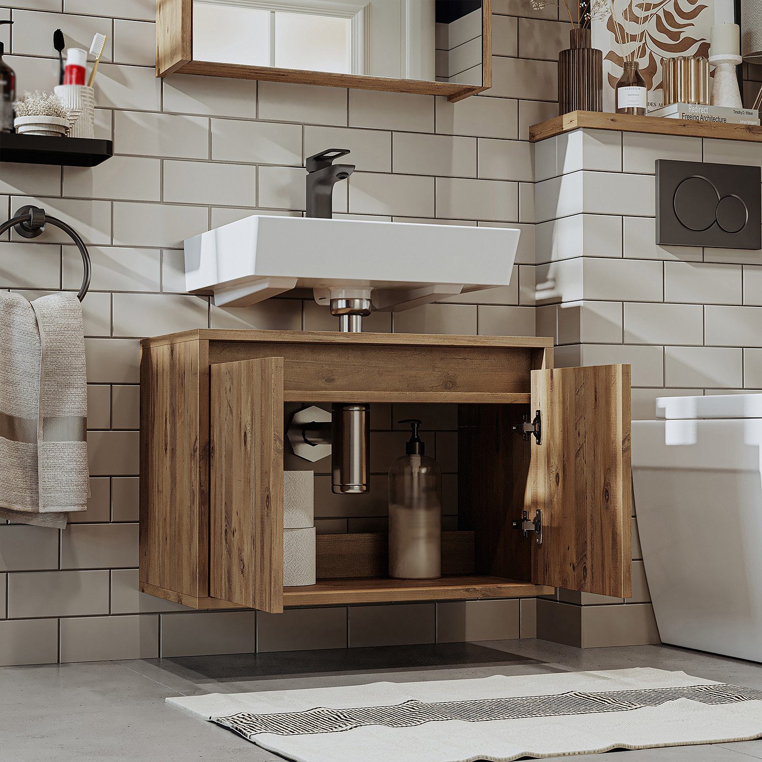 Roomart Waschbeckenunterschrank ATRIA 65 cm hängend, Soft-Close, Siphonausschnitt, 4 Farben, Bad (Waschbeckenunterschrank ohne Waschbecken) 35 cm Tiefe, Soft-Close, Wandmontage, 4 Farben