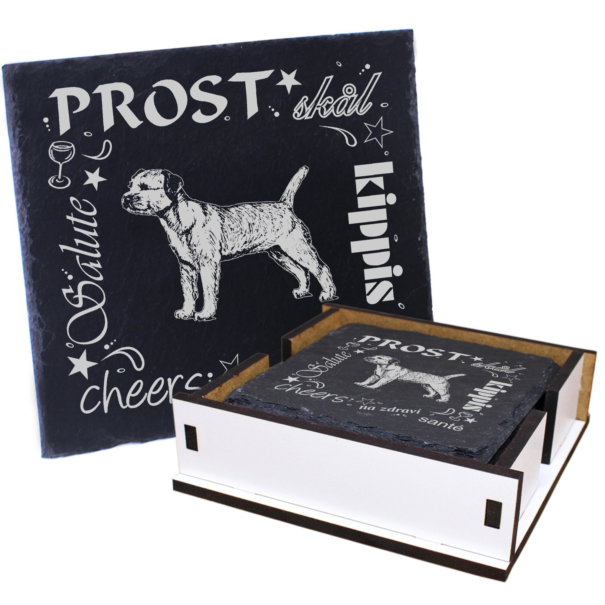 Dekolando Getränkeuntersetzer Prost Border Terrier - inkl. Box & Flaschenuntersetzer, 6-tlg.