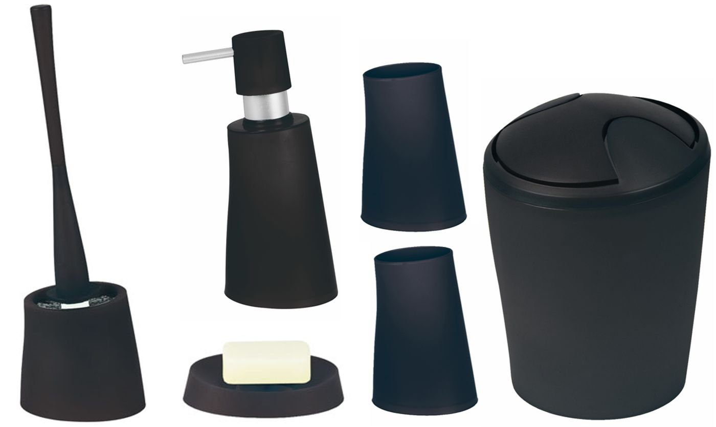 spirella Badaccessoires-Sets MOVE, Zubehör-Set aus hochwertigem Kunststoff PP, 6 tlg., bestehend aus: Kosmetik Ведра с поворотной крышкой 2L, WC-Bürste, Seifenspender, 2x Zahnputzbecher, Seifenschale, stylish-matter Frost Look, schwarz, Komplett-Set Badezimmerzubehör, 6 tlg.