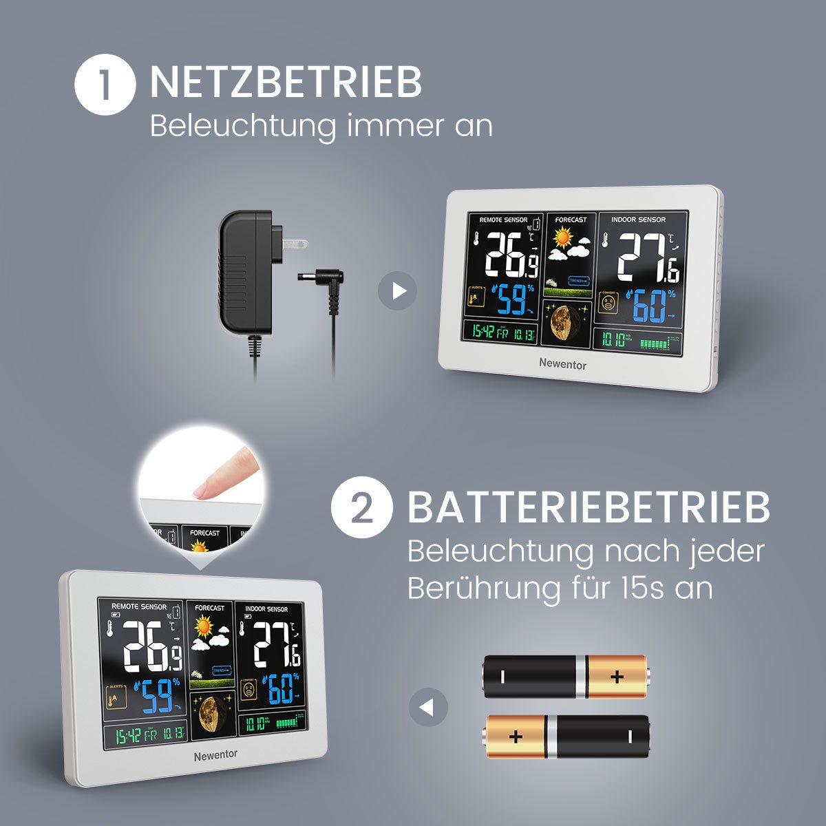 NEWENTOR LIFE Wiederaufladbare Funk-Wetterstation Funkwetterstation (mit Außensensor, Wettervorhersage & Temperaturwarnung)