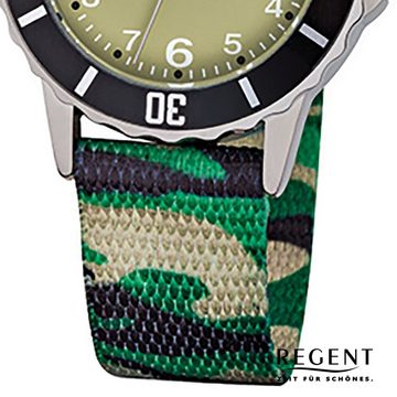 Regent Quarzuhr Regent Kinder-Armbanduhr grün schwarz, (Analoguhr), Kinder Armbanduhr rund, mittel (ca. 32mm), Textilarmband