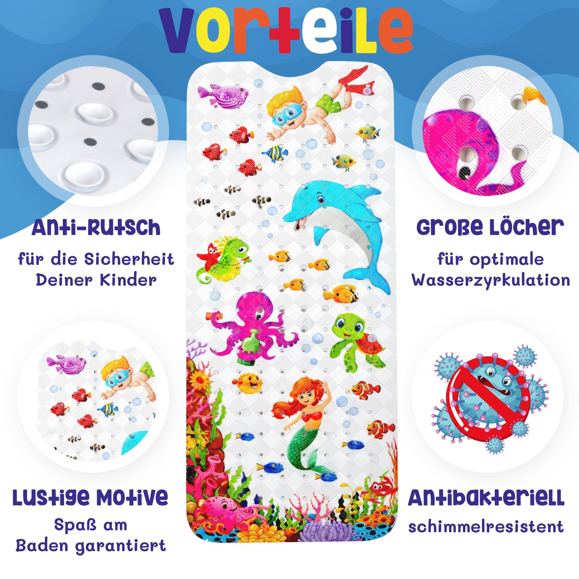 Delluxia Bathtub Mat for Children, Non-Slip, XL, W: 40 cm, L: 100 cm, incl. Hanging Loop, Odorless, Mold-Free, Plasticizer-Free
