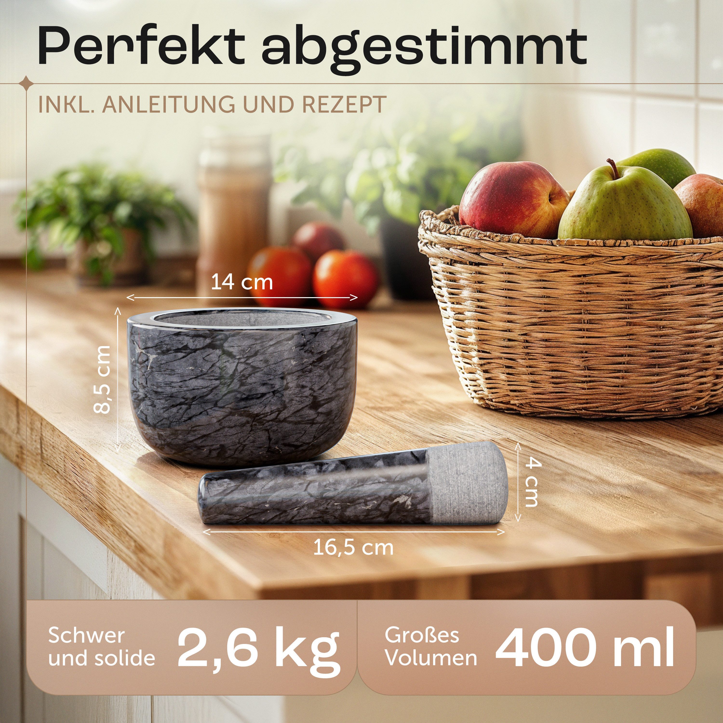 madeco Mörser Marmor Mörser mit Stößel mit Antirutsch-Pad - für Gewürze & Kräuter, (Set, 2-tlg), Ø 14 x 8,5 cm, 400 ml Füllvolumen