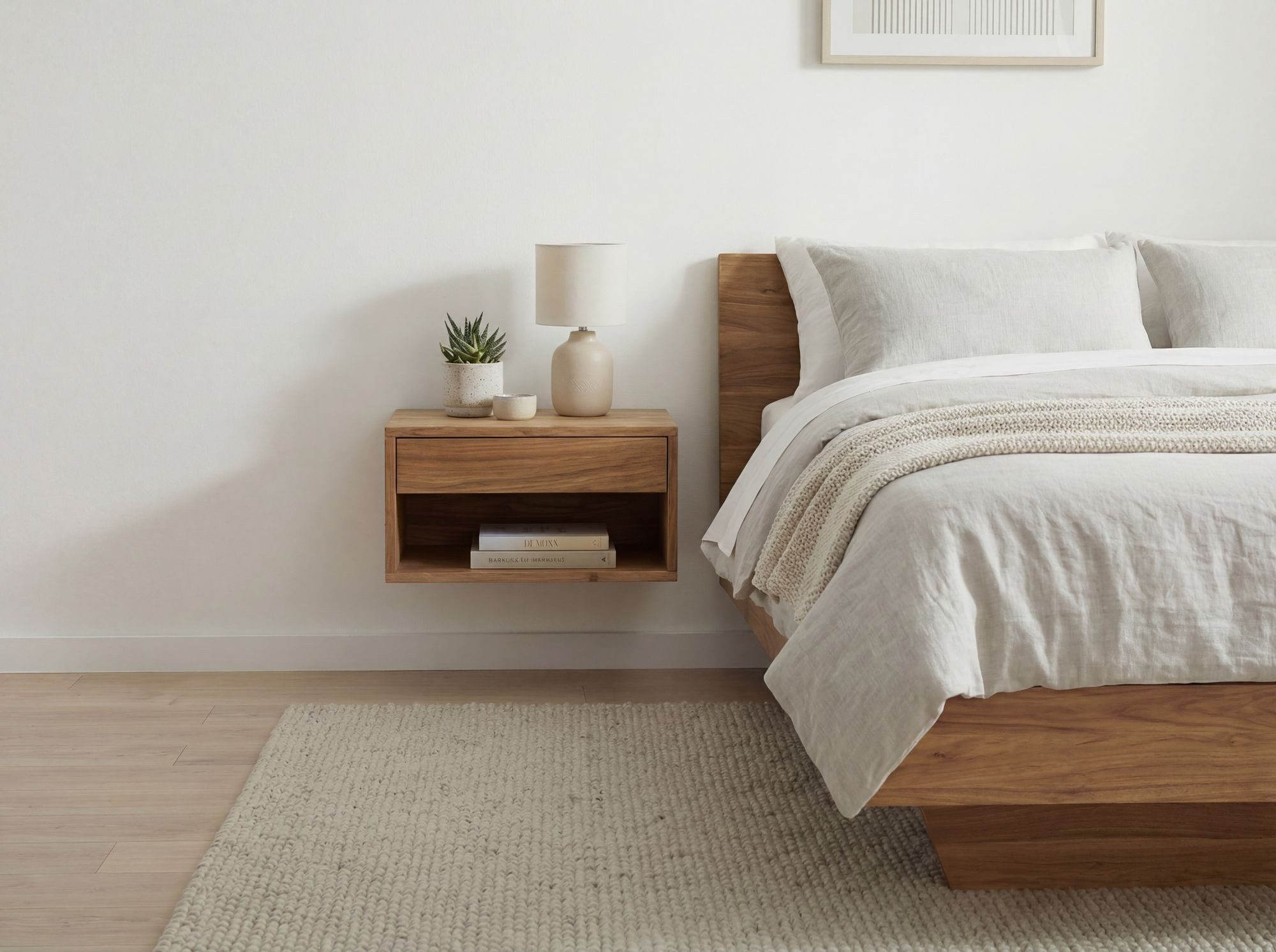 FINEBUY Nachttisch FB117940 Nachttisch für Wandmontage 50x35cm Wandnachttisch Schwebend (Schwebende Nachtkonsole aus massivem Akazienholz), Wand-Nachtkästchen mit Schublade und offenem Fach