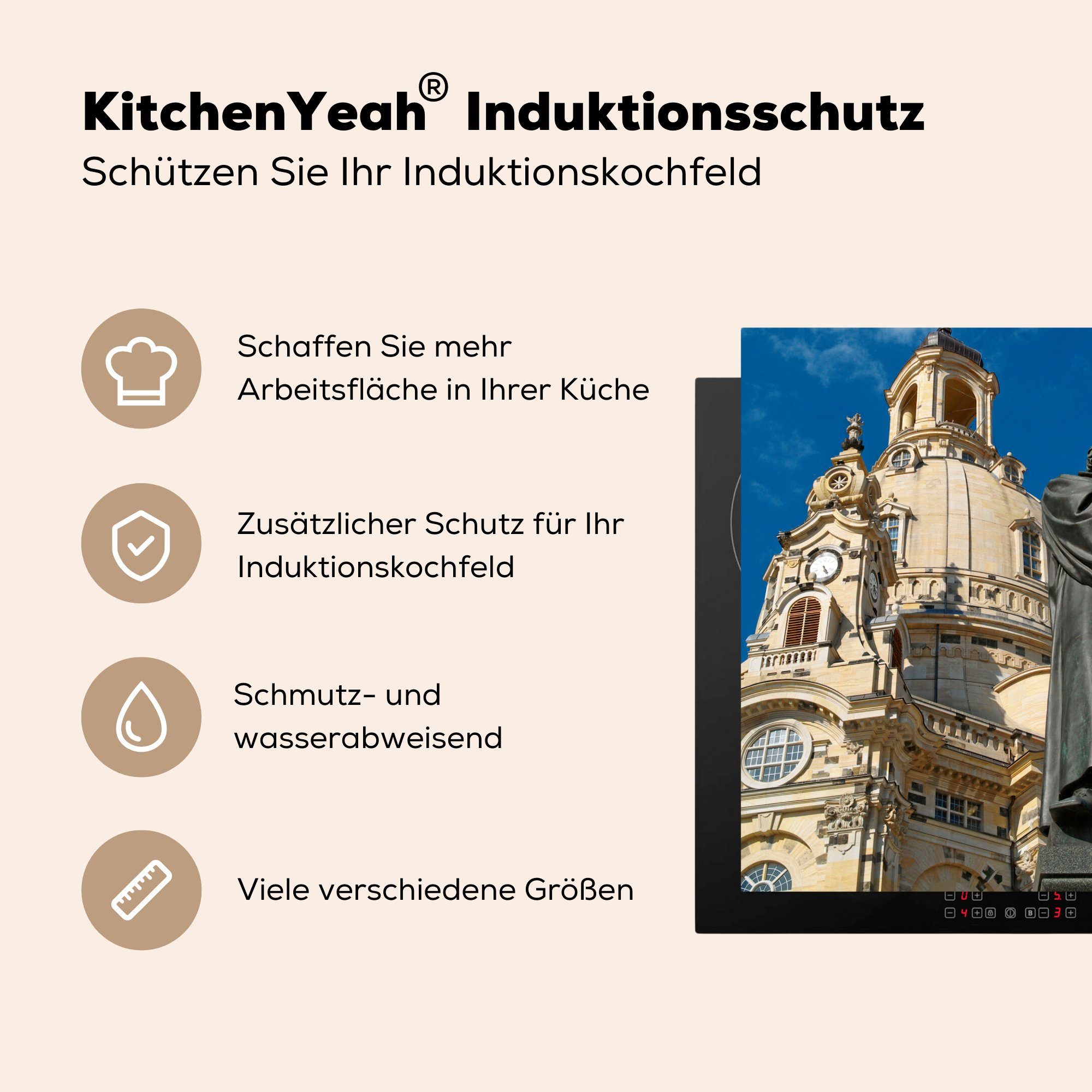MuchoWow Herdblende-/Abdeckplatte Lutherdenkmal Arbeitsplatte (1 Dresden, in Vinyl, Frauenkirche tlg), vor küche für Ceranfeldabdeckung, der cm, 78x78