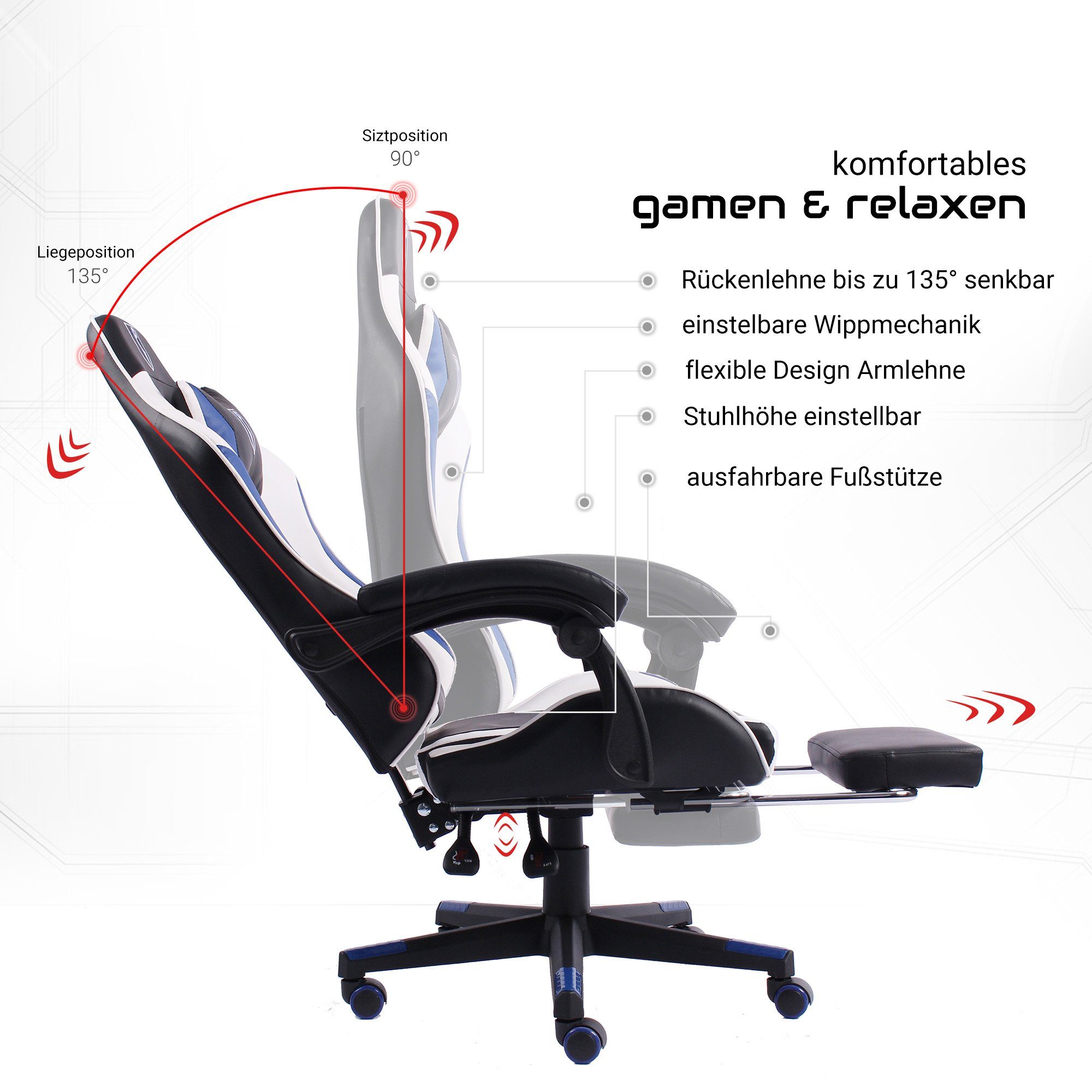 TRISENS Drehstuhl Arijus (1 Stück), mit Stuhl Bürostuhl Fußstütze im Chefsessel Gaming Racing-Design Schwarz/Weiß-Blau