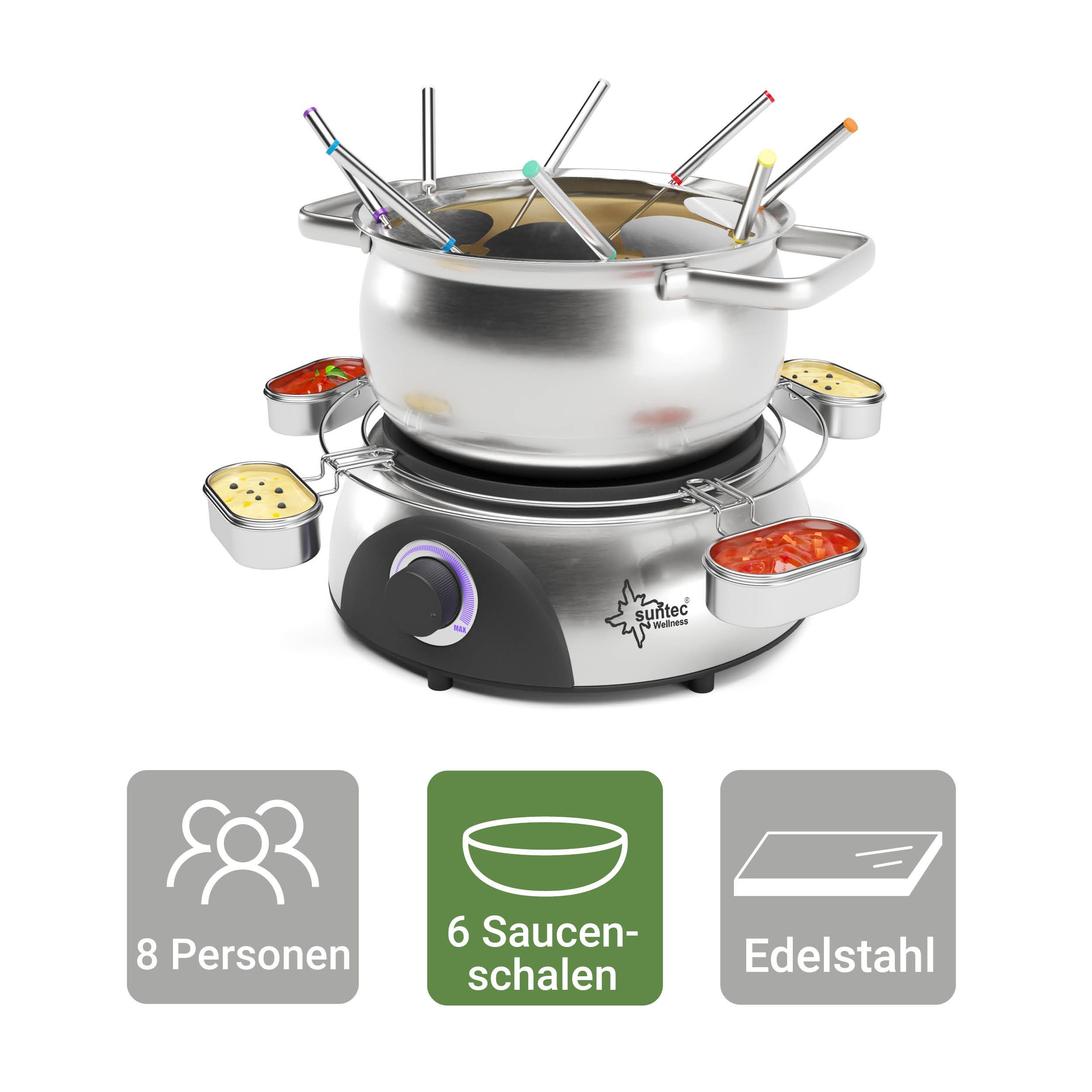 Edelstahl Drehgestell, Wellness für 360° 8 Suntec V2A, 1,38 FON-8014 Personen, 8 Spritzschutz, Fondue Fondue Fonduegabeln, Set l,