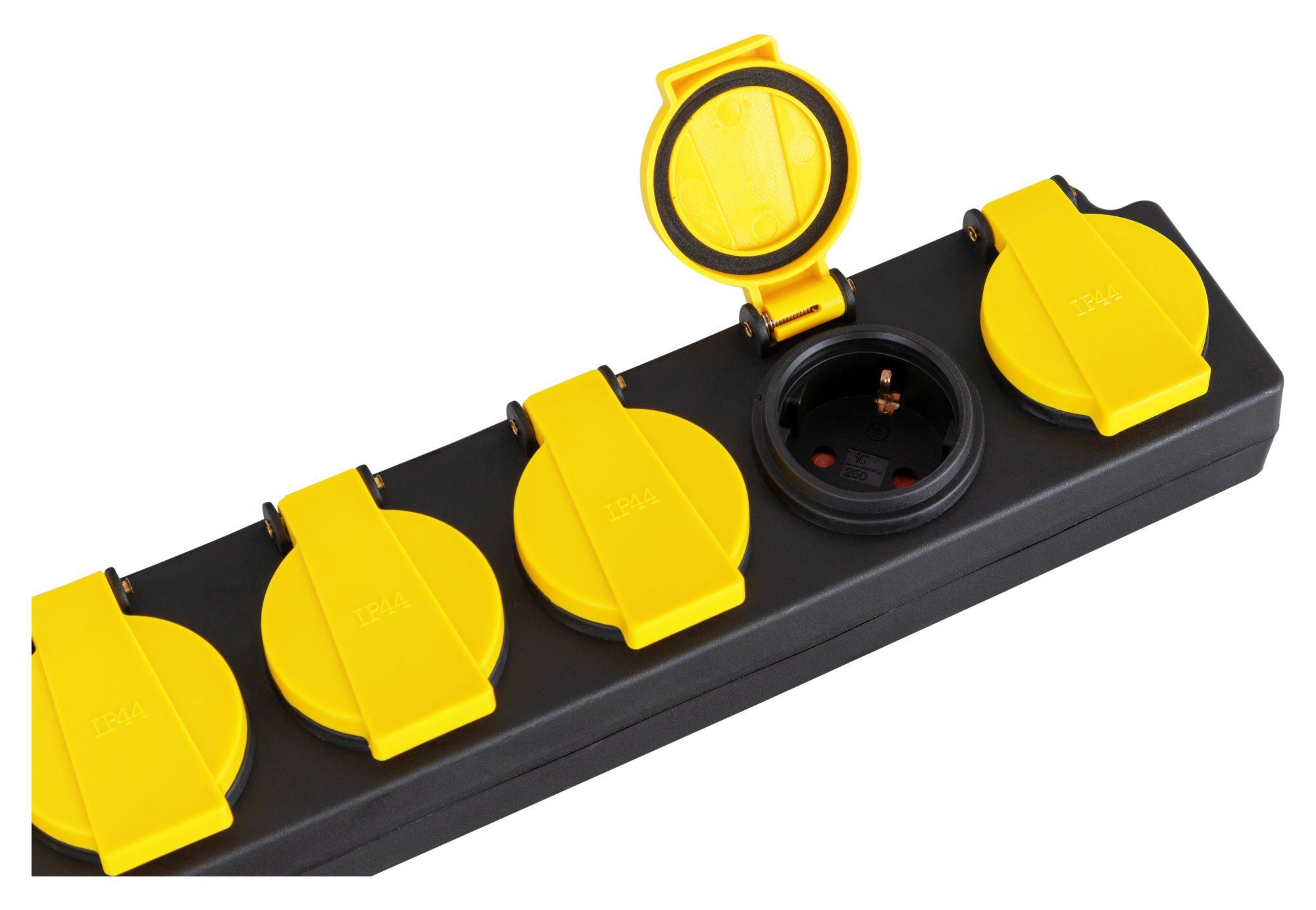 Stagecaptain 6-fach (Ein- / Ausschalter) Garten-Steckdosen Steckdosenleiste 6-fach (Fremdkörper- und spritzwassergeschützt, Schutzklasse IP44, Kabellänge 1,5 m), mit Klappendeckel, staub- und spritzwassergeschützt