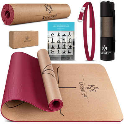 KESSER Yogamatte, Yogamatte Kork Inkl. Tragegurt Tasche Yoga-Block Gymnastik