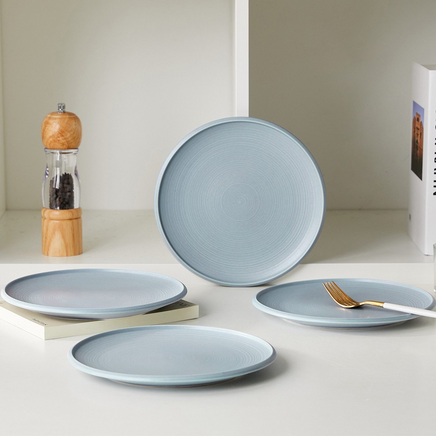 JIWOO Speiseteller 4er Ø21,8cm, Frühstücksteller Pastateller Teller Brotteller Plate, (4 St), Hochwertiges Tellerset Blau Mikrowellenofen Spülmaschine Ø 21,8cm