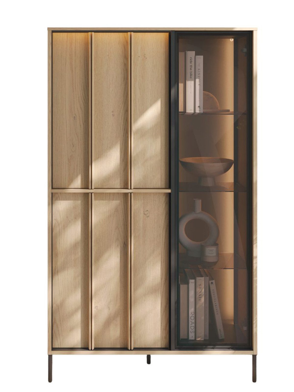 Compleo Standvitrine eiche cremona, Vitrine 90 cm breit, Japandi design LUNARO